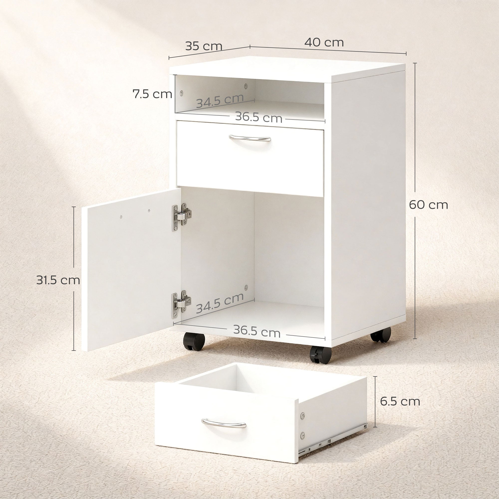 HOMCOM 60cm Storage Cabinet with Drawer, Open Shelf, Metal Handles and 4 Wheels, Office Home Organiser Mobile Printer, White