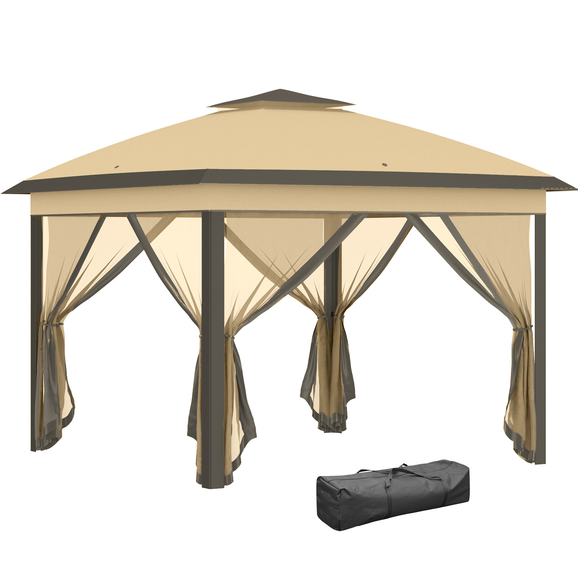 Outsunny 330cm x 330cm Pop Up Canopy, Double Roof Foldable Canopy Tent with Zipped Mesh Sidewalls, Height Adjustable and Carrying Bag, Event Tent for Patio Garden, Beige - North Peak Garden Furniture