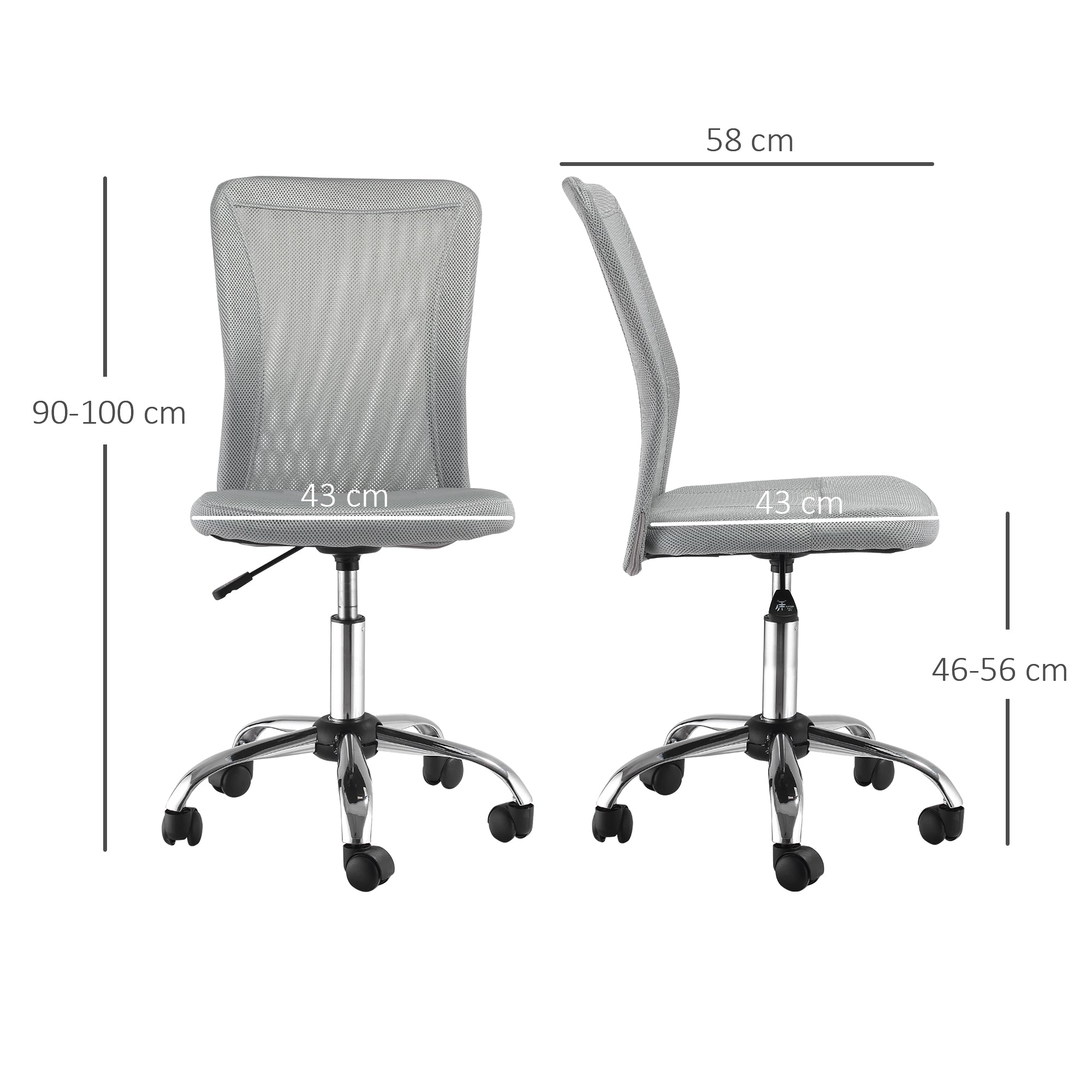 Vinsetto Office Chair, Armless Desk Chair, Adjustable Computer Swivel Chair with Rolling Wheels and Mesh Back for Home Work Study, Grey - North Peak Garden Furniture