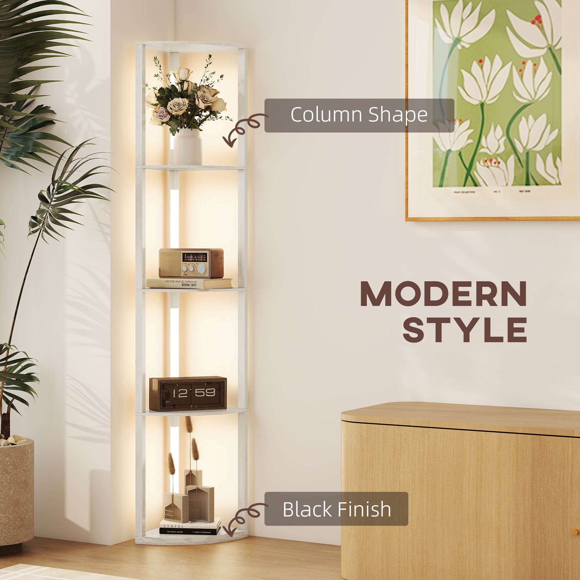 HOMCOM Corner Floor Lamp for Living Room Bedroom with Dimmable Warm White LED Light, Modern Tall Standing Lamp, Oak - North Peak Garden Furniture