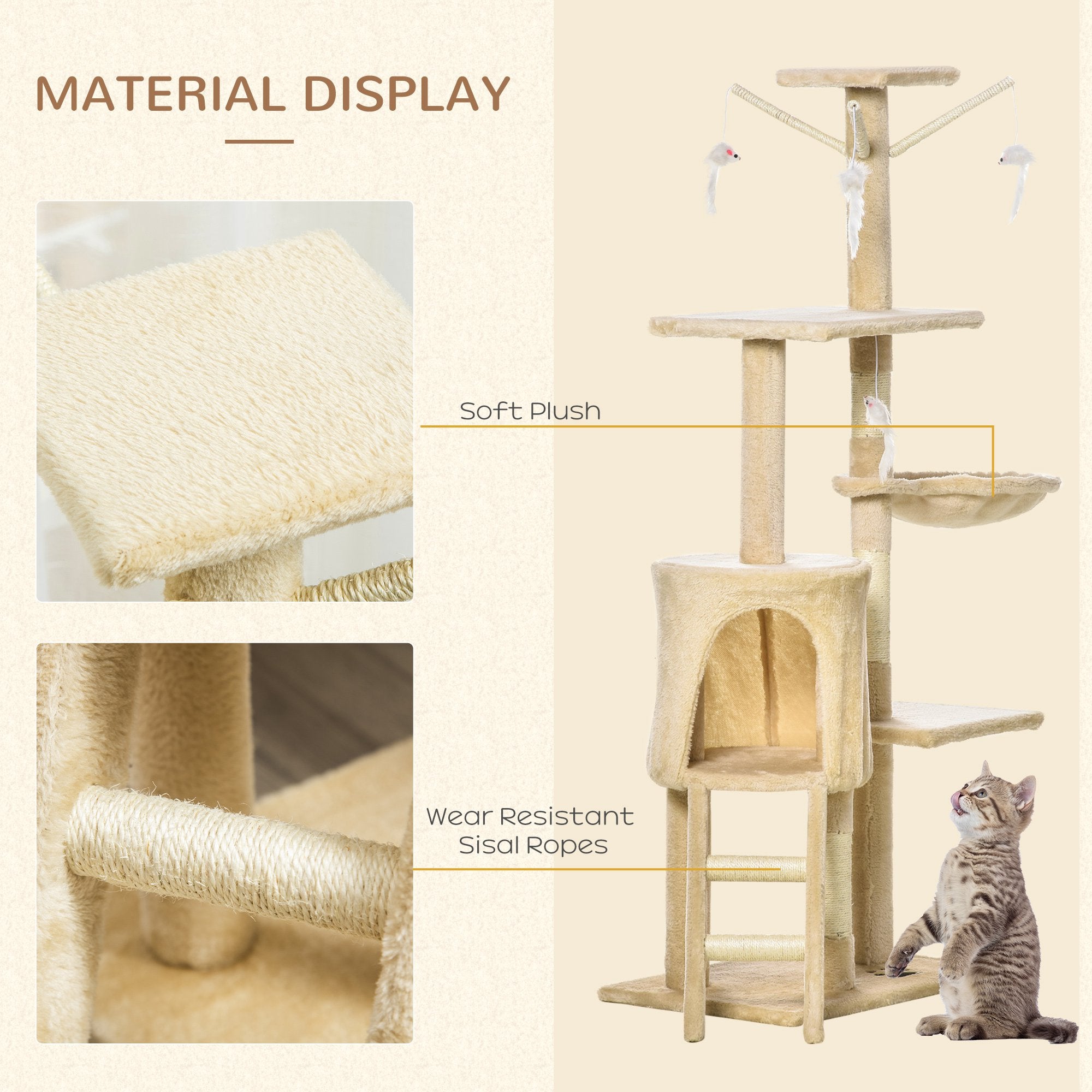 PawHut Feline Fort: Towering 131cm Cat Tree with Scratching Posts & Cosy Perches, Sturdy Beige Haven for Kitties