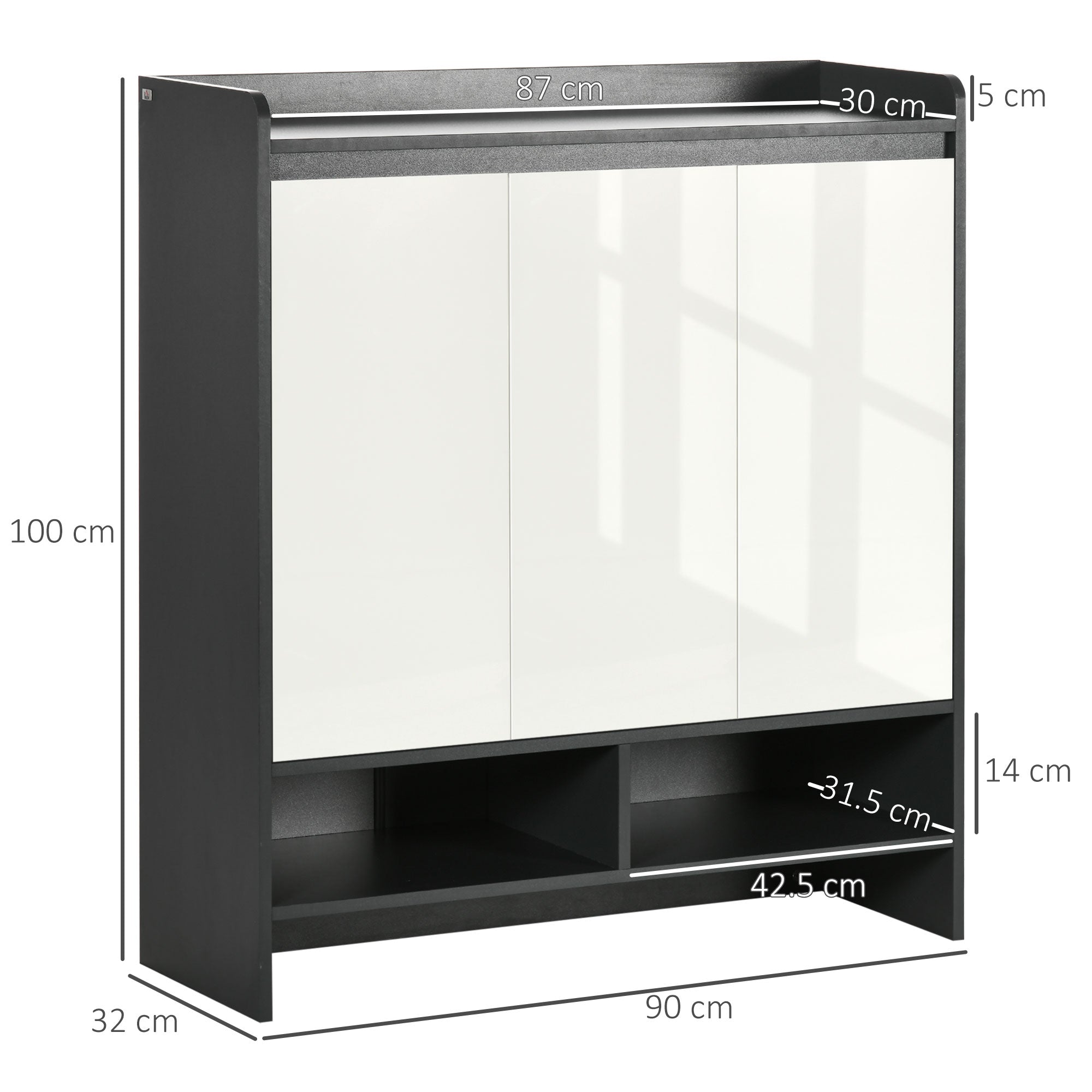 HOMCOM High Gloss Shoe Cabinet with White Doors and Open Shelves, Hallway Shoe Cupboard Storage Organizer for 19 Pairs of Shoes, Grey - North Peak Garden Furniture