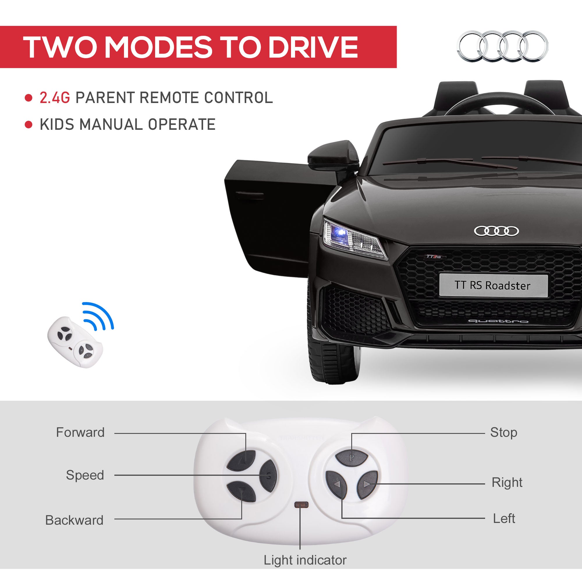 HOMCOM Kids Licensed Audi TT Ride-On Car 12V Battery w/ Remote Suspension Headlights and MP3 Player 2.5-5km/h Black