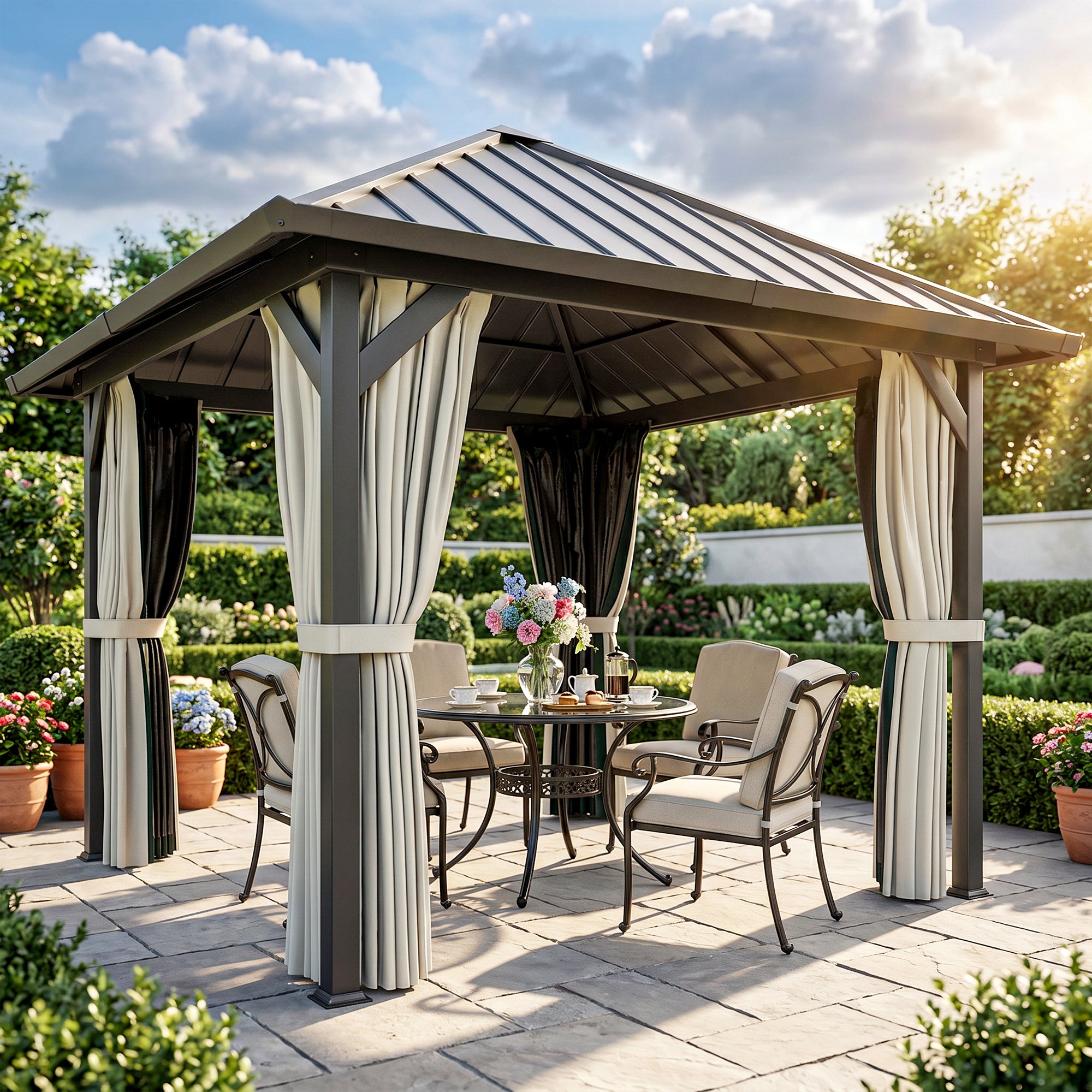 Outsunny 3 x 3(m) Hardtop Gazebo with Galvanised Steel Roof and Water Gutter, Waterproof Permanent Pavilion Garden Gazebo with Netting and Curtains for Patio, Deck, Black