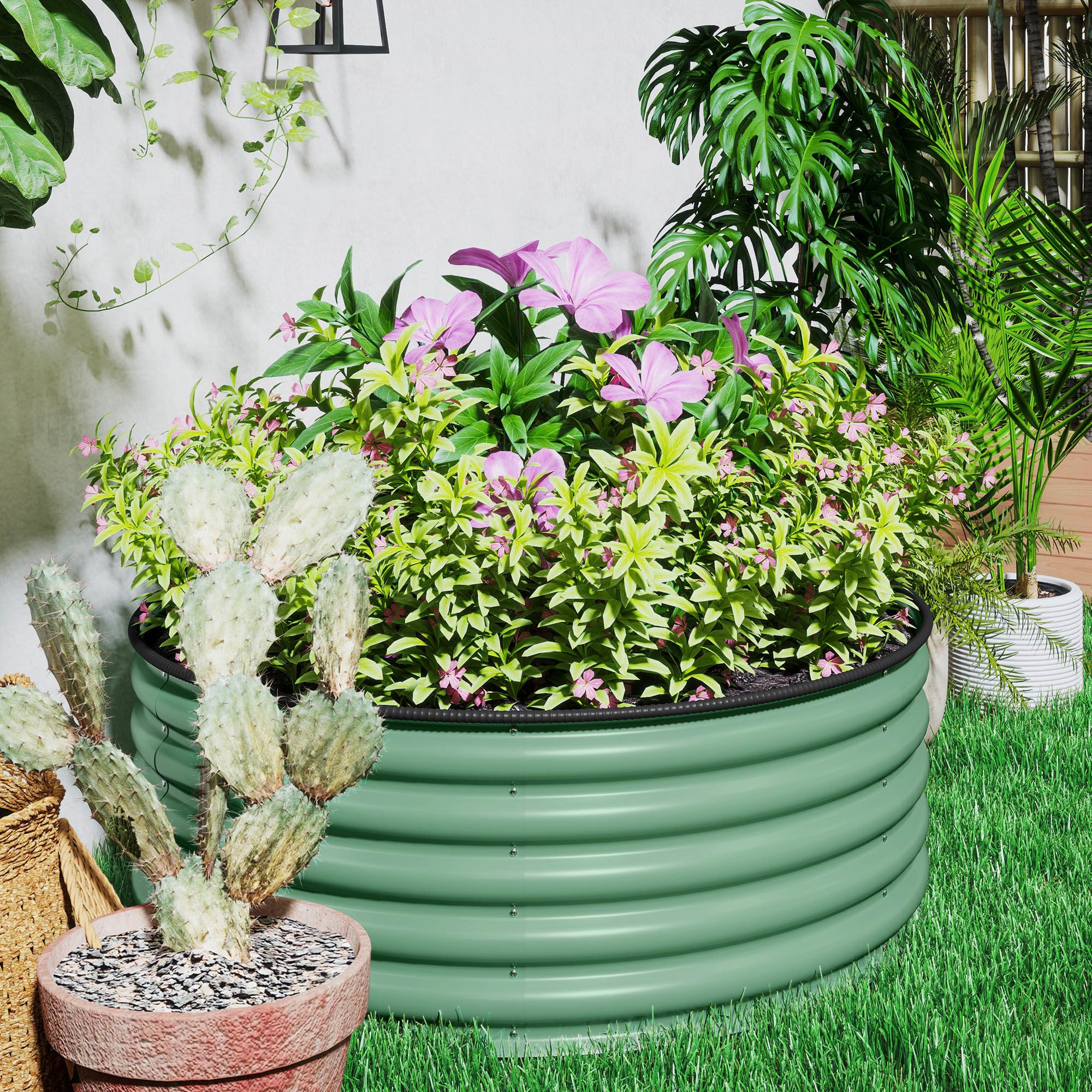 Outsunny Galvanised Raised Garden Bed with Safety Edging, Outdoor Raised Planter Box with Gloves, 120 x 120 x 43cm, Light Green - North Peak Garden Furniture