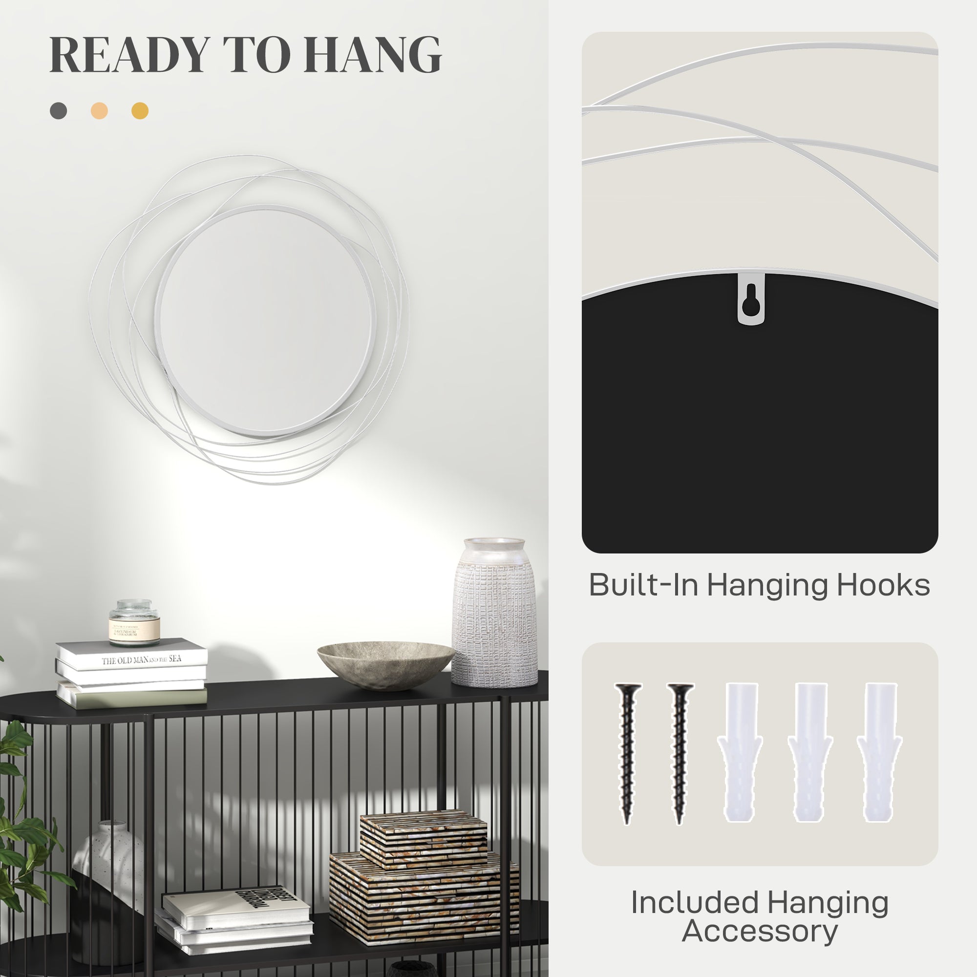 HOMCOM Abstract Metal Wire Wall Mirror, with Accessories - Silver - North Peak Garden Furniture