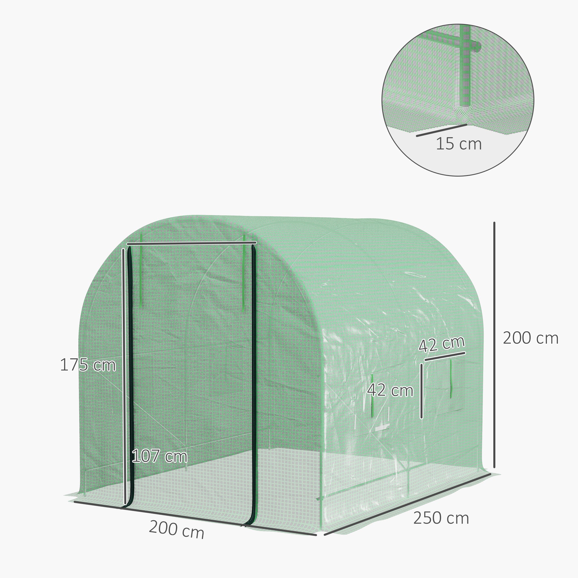 Outsunny Walk-In Garden Polytunnel Greenhouse with Steel Frame, PE Cover, Roll-Up Door and 4 Windows, 2.5 x 2m, Green - North Peak Garden Furniture