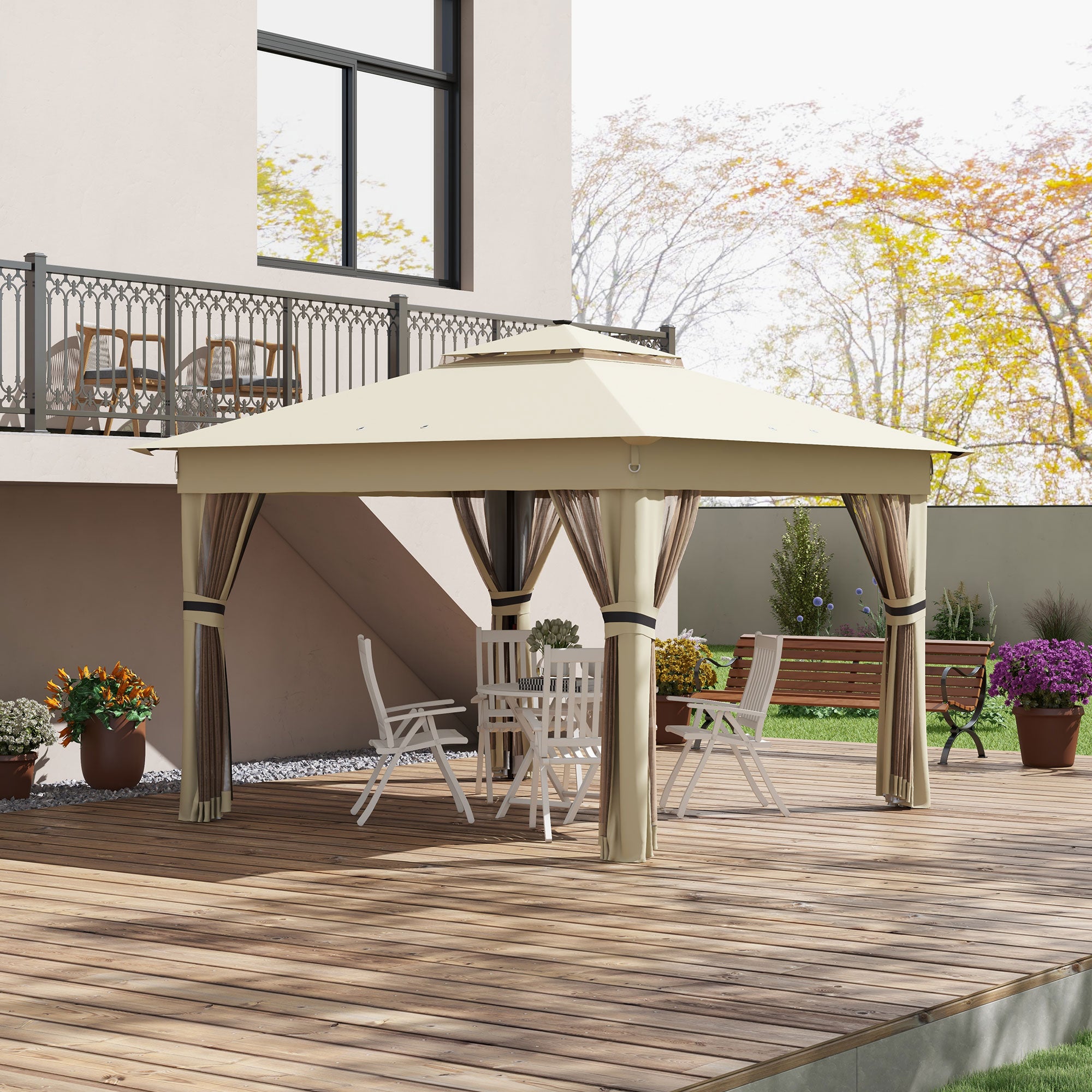 Outsunny 3 x 3(m) Pop Up Gazebo Party Tent with Solar-Powered LED Lights, Adjustable Event Shelter with Netting, Khaki - North Peak Garden Furniture
