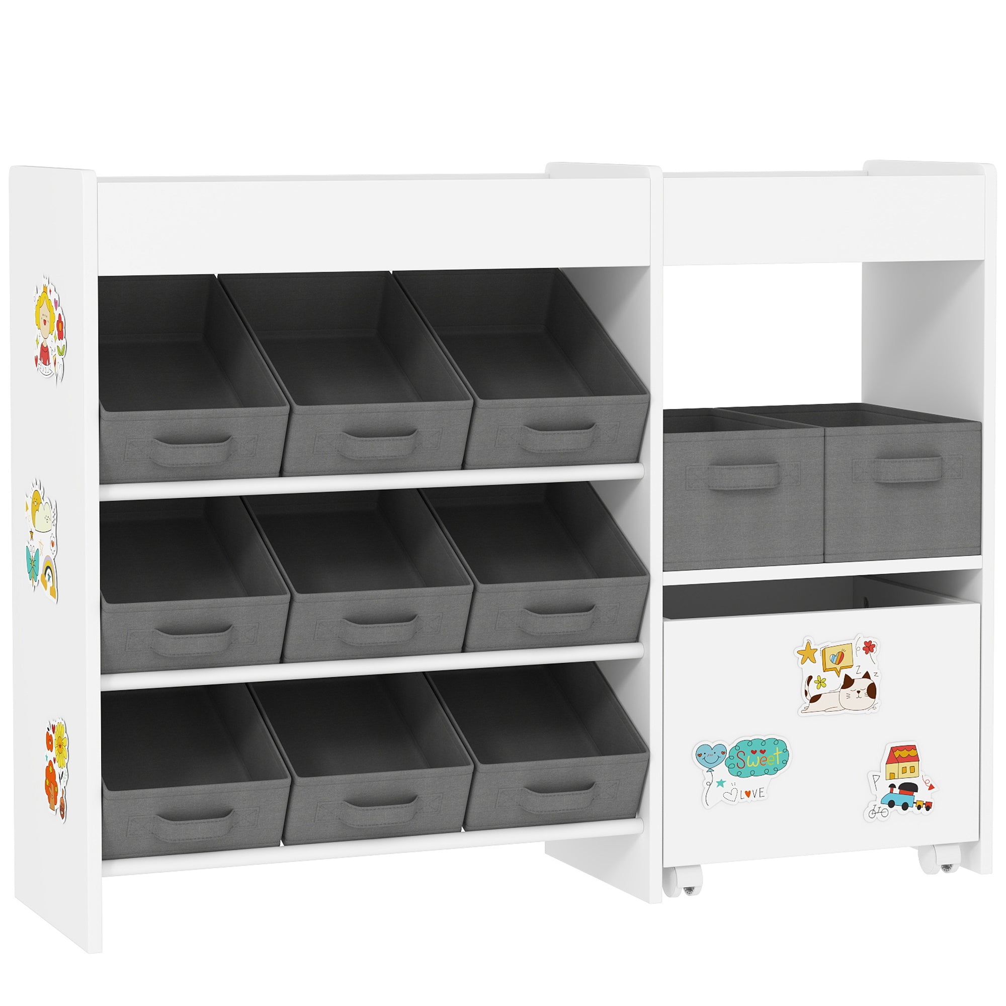 AIYAPLAY Kids Toy Storage Unit with 11 Bins, Cabinet, Top Shelves, 3 Stickers, for Nursery, Playroom, Kindergarten, White
