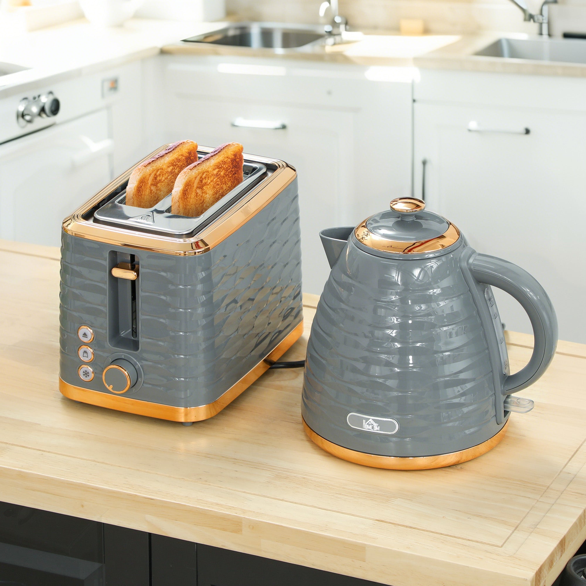 HOMCOM 3000W 1.7L Rapid Boil Kettle & 2 Slice Toaster, Kettle and Toaster Set with 7 Browning Controls and Crumb Tray, Grey - North Peak Garden Furniture