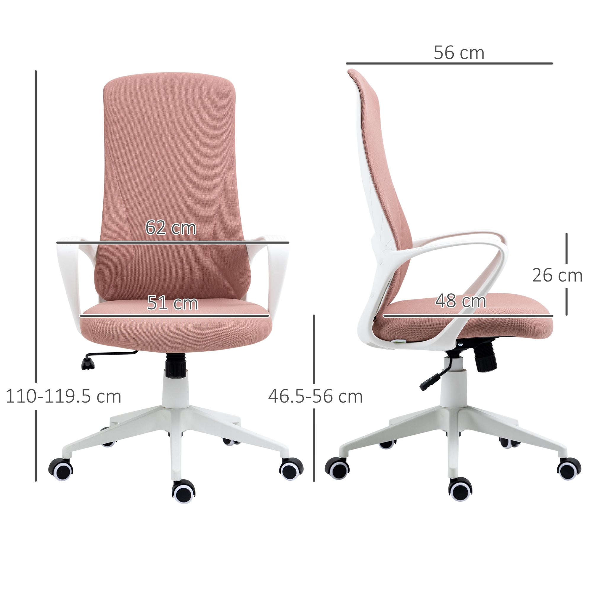 Vinsetto High Back Office Chair, Fabric Desk Chair with Armrests, Adjustable Height, Swivel Wheels, Pink - North Peak Garden Furniture