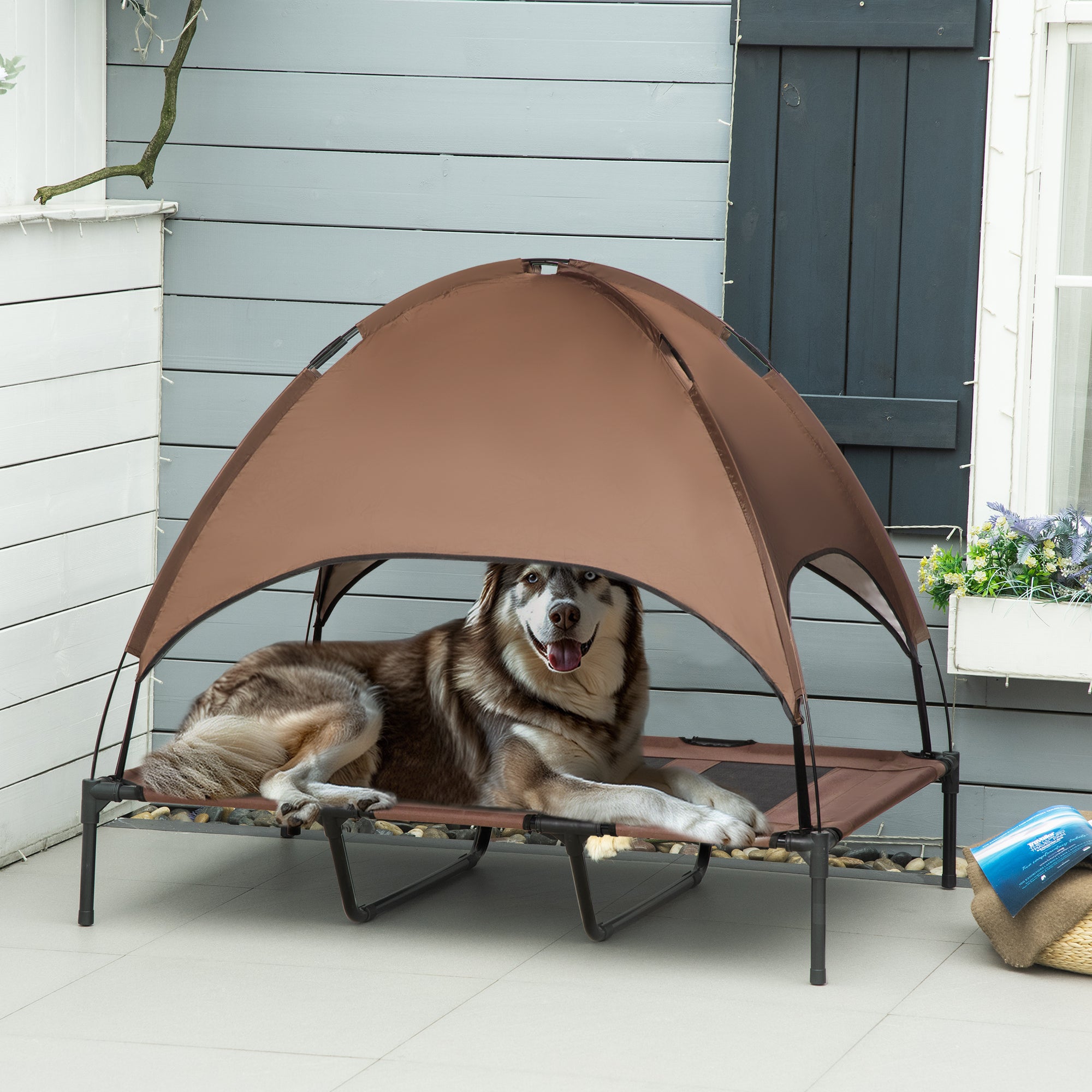 PawHut Raised Dog Bed Waterproof Elevated Pet Cot with Breathable Mesh UV Protection Canopy Coffee, for XL Dogs, 122 x 92 x 108cm - North Peak Garden Furniture
