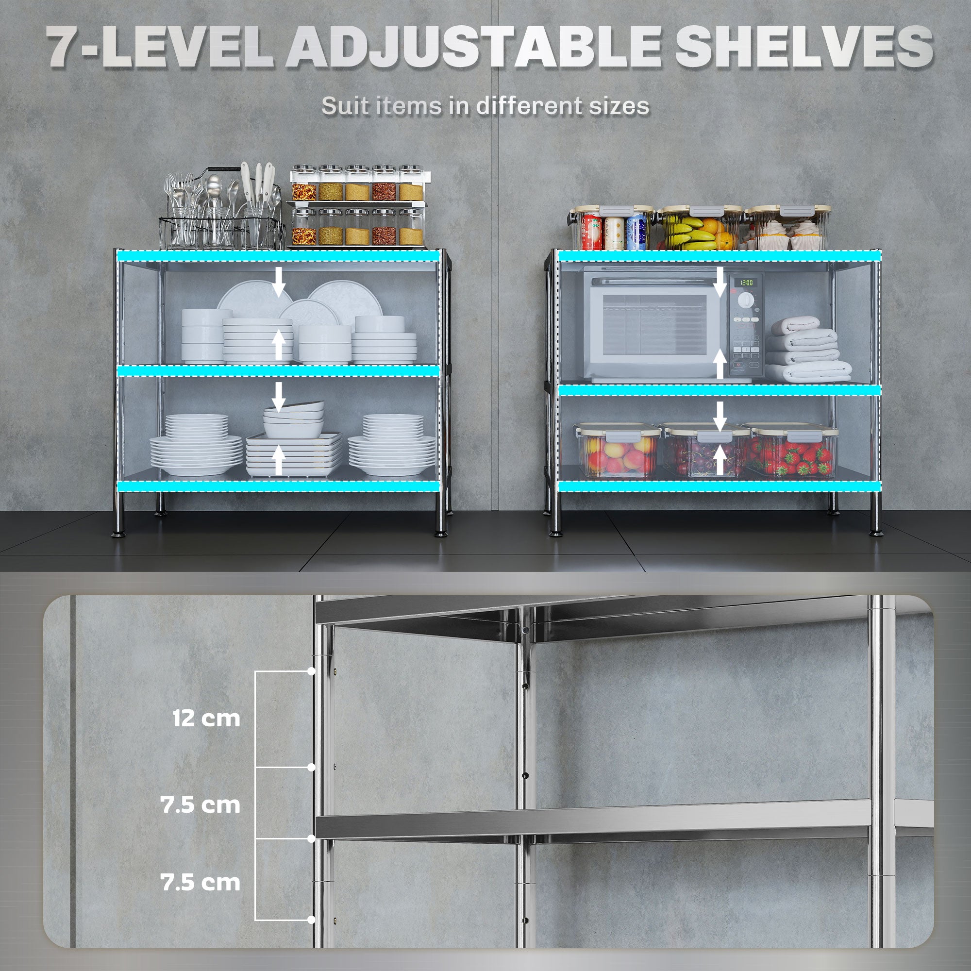 HOMCOM 3-Tier Bakers Rack with Storage, Stainless Steel Microwave Stand with Adjustable Shelves for Small Spaces, Kitchen Storage Unit for Spices, Pots and Pans, Silver Tone