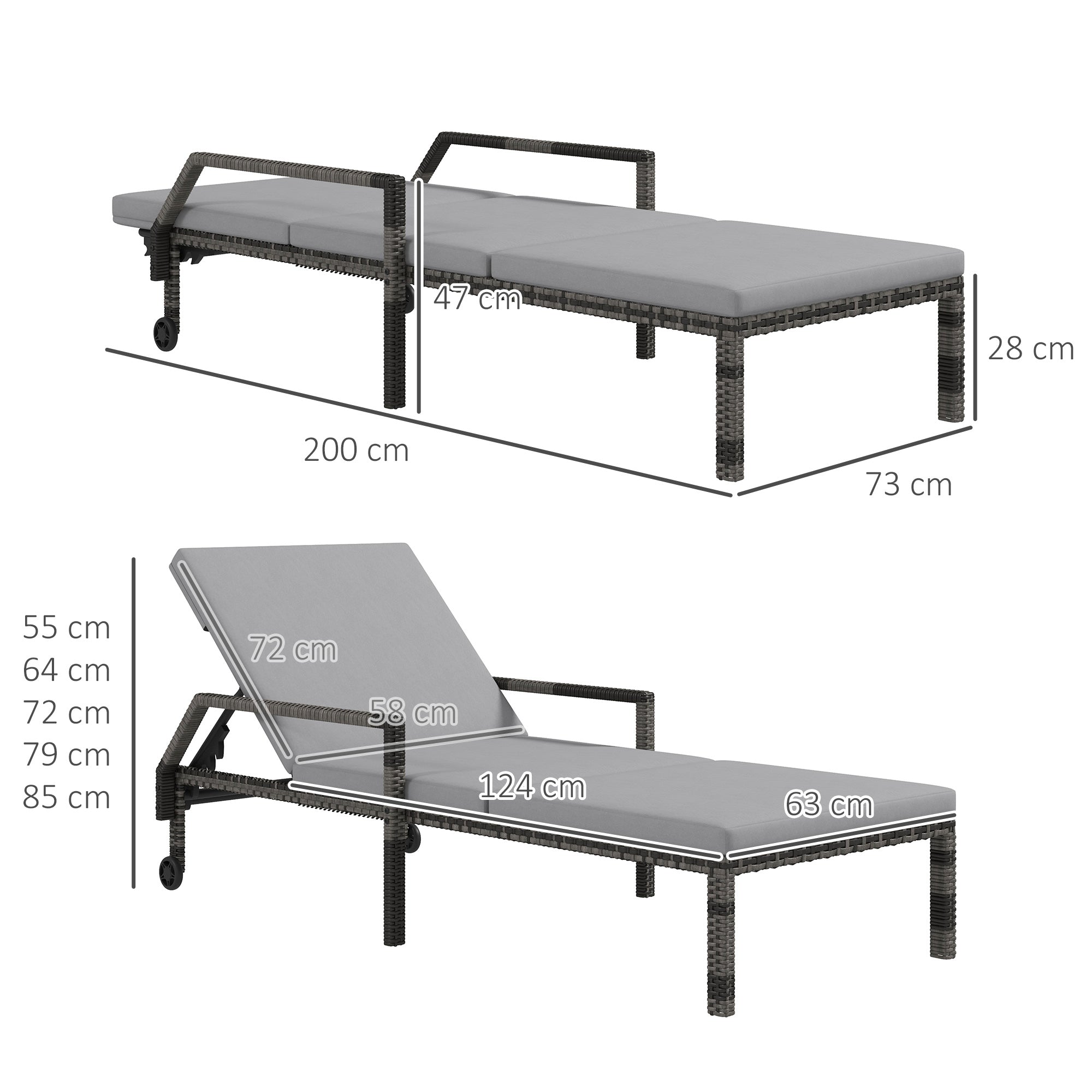 Outsunny Outdoor PE Rattan Sun Lounger Set of 2, Wicker Chaise Recliner Garden Chair with 5-Level Adjustable Backrest and 2 Wheels, Grey - North Peak Garden Furniture