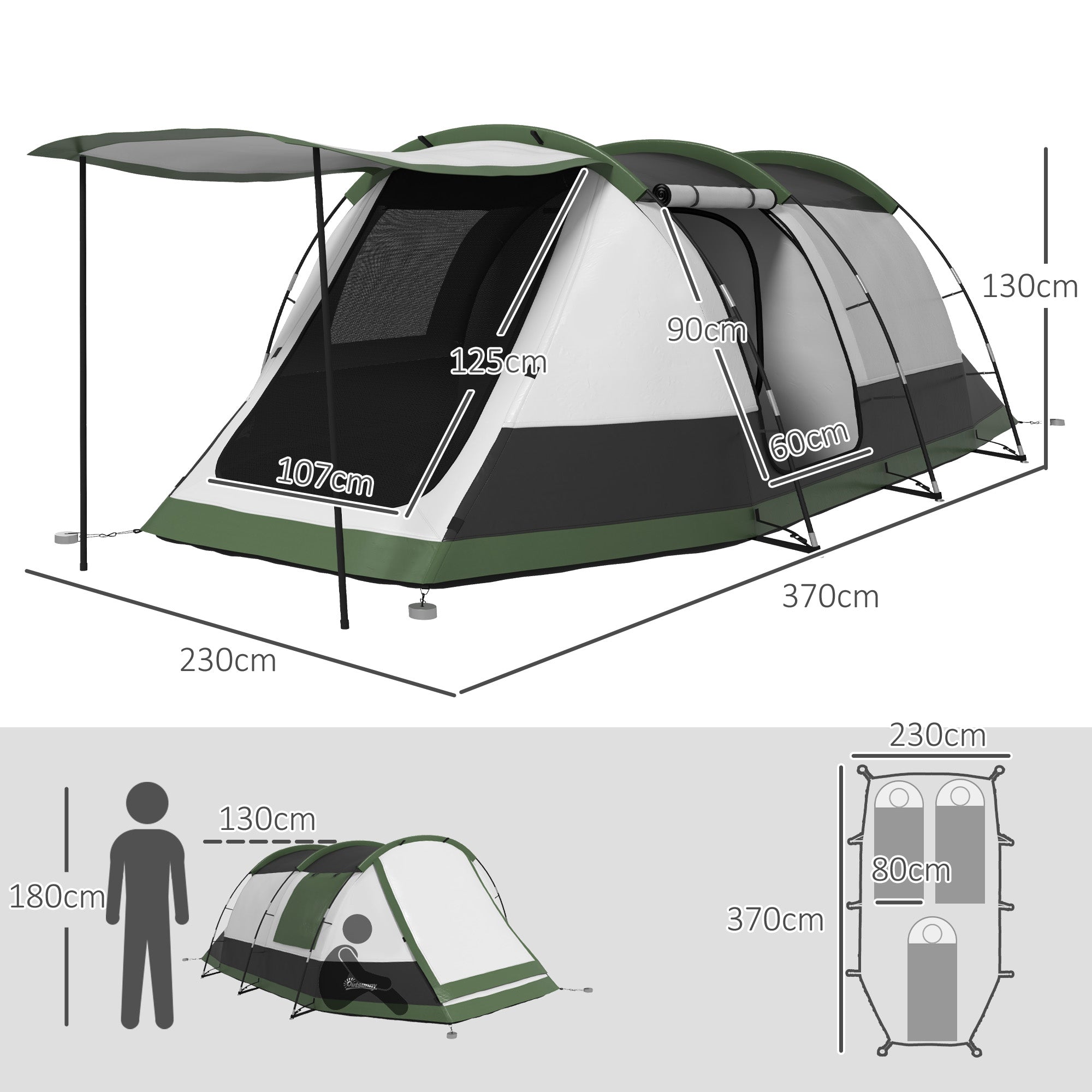 Outsunny Three-Man Camping Tent, with Two Rooms and Porch - Green - North Peak Garden Furniture