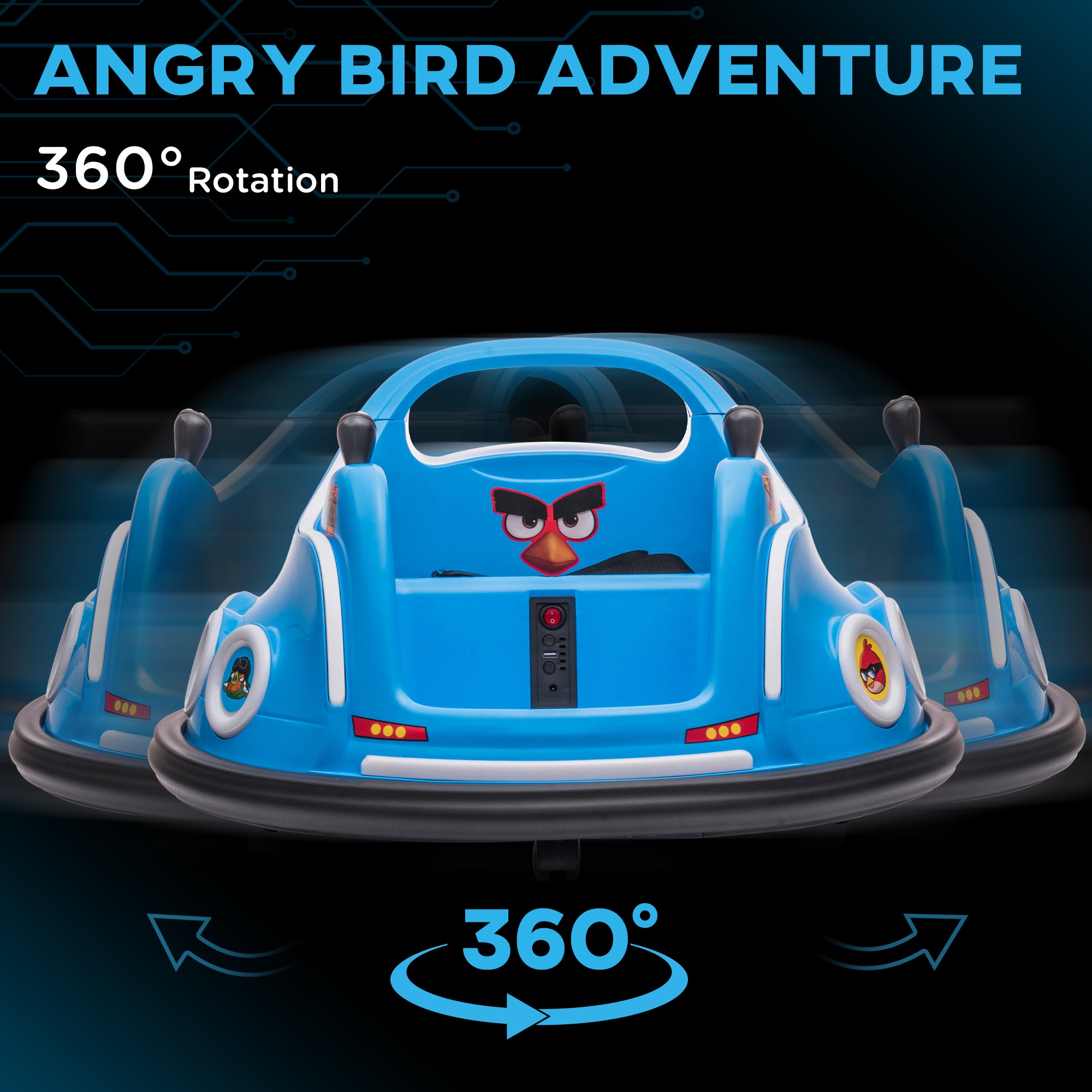 AIYAPLAY Angry Bird Licensed Waltzer Car, 12V Kids Bumper Car w/ Joysticks, Remote, Music LED Lights - Blue - North Peak Garden Furniture