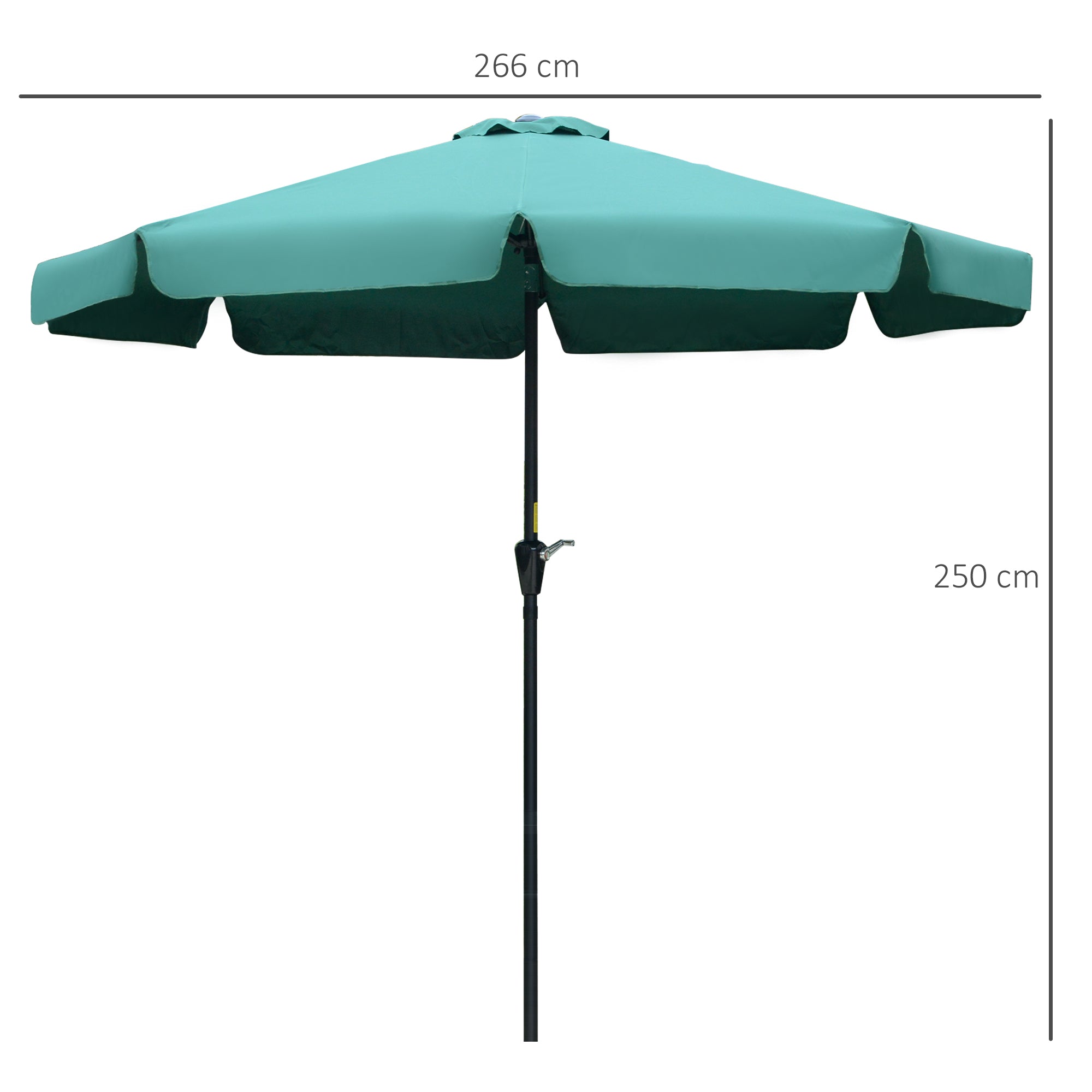 Outsunny 2.7m Patio Parasol Garden Umbrellas Outdoor Sun Shade Table Umbrella with Tilt, Crank, 8 Ribs, Ruffles, Green - North Peak Garden Furniture