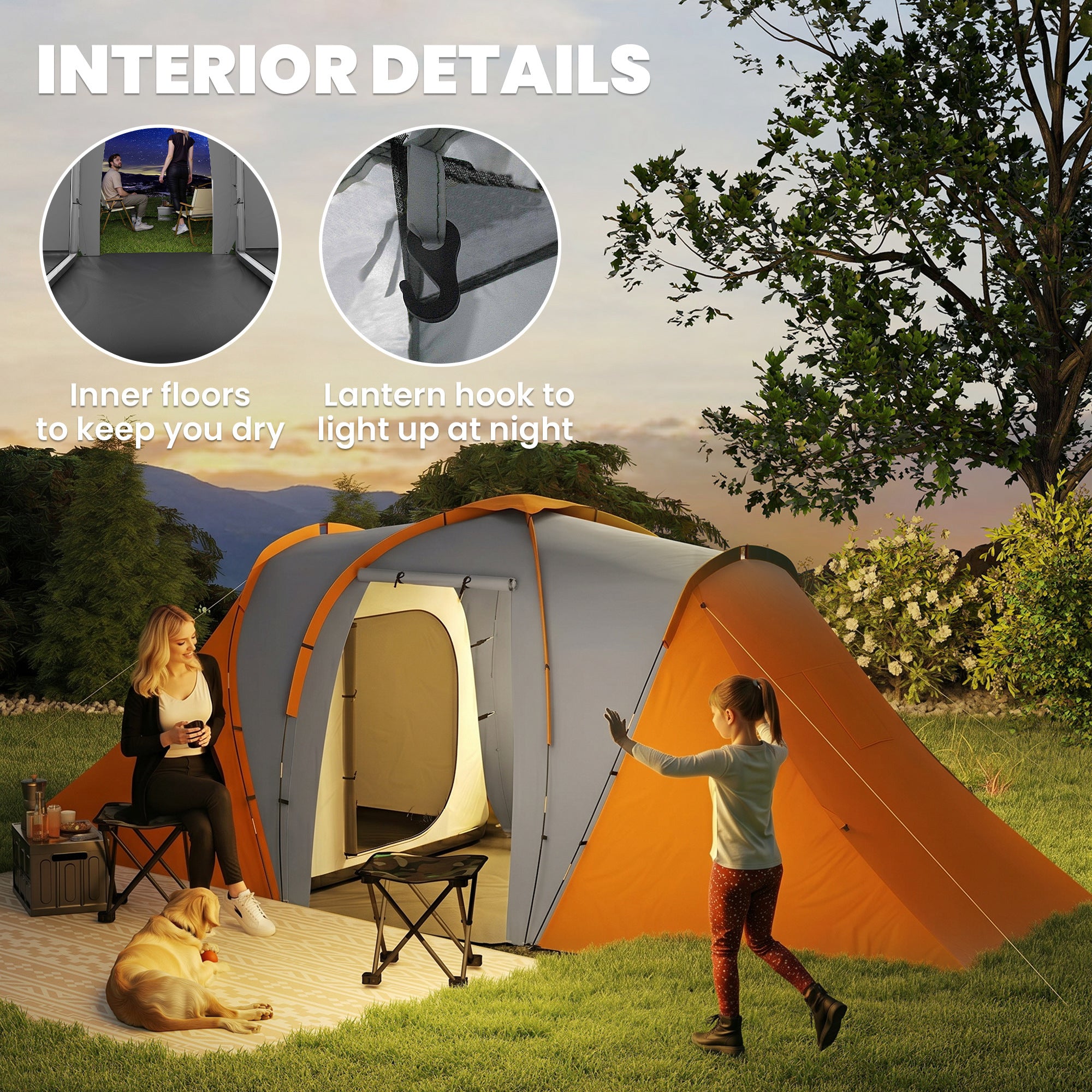 Outsunny Large Camping Tent Tunnel Tent with 2 Bedroom and Living Area, 2000mm Waterproof, Portable with Bag for 4-6 Man, Orange