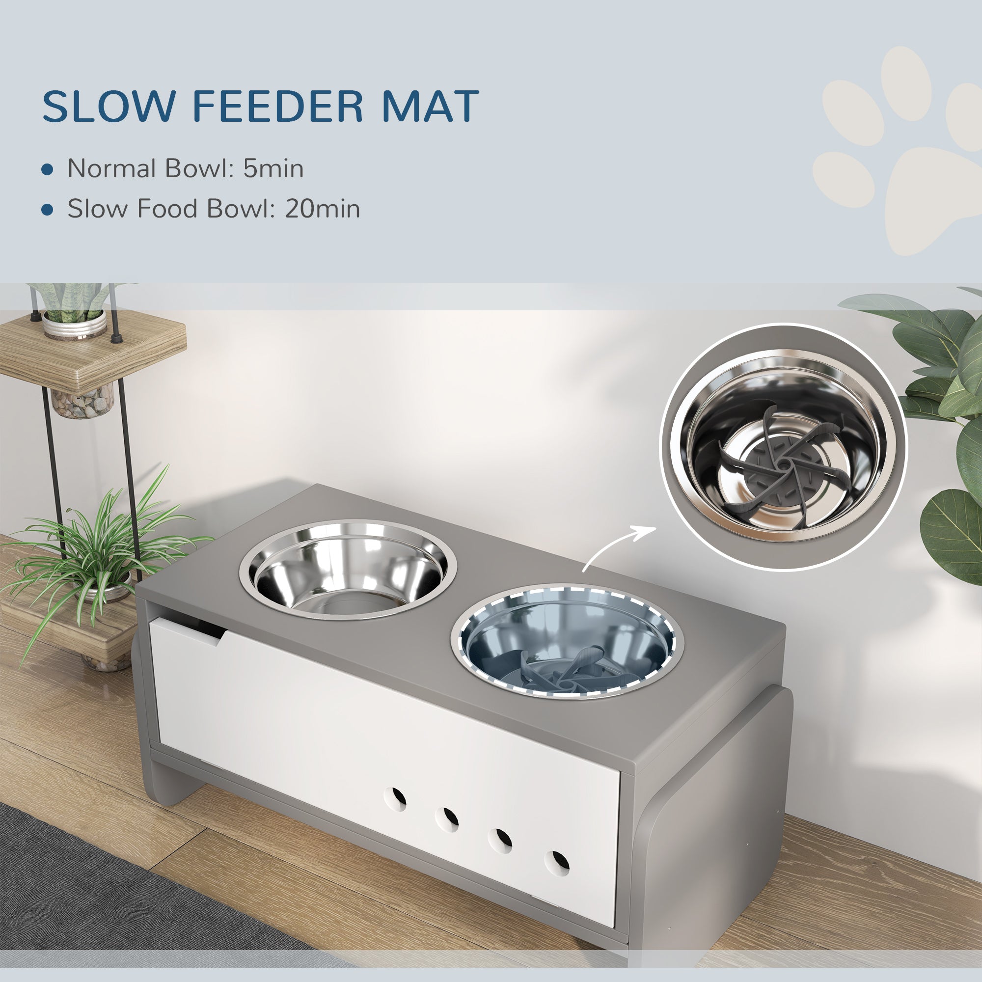 PawHut 3 Height Adjustable Raised Dog Bowls, Dog Feeding Storage Station w/ Slow Feeder Mat, 2 Stainless Steel Bowls