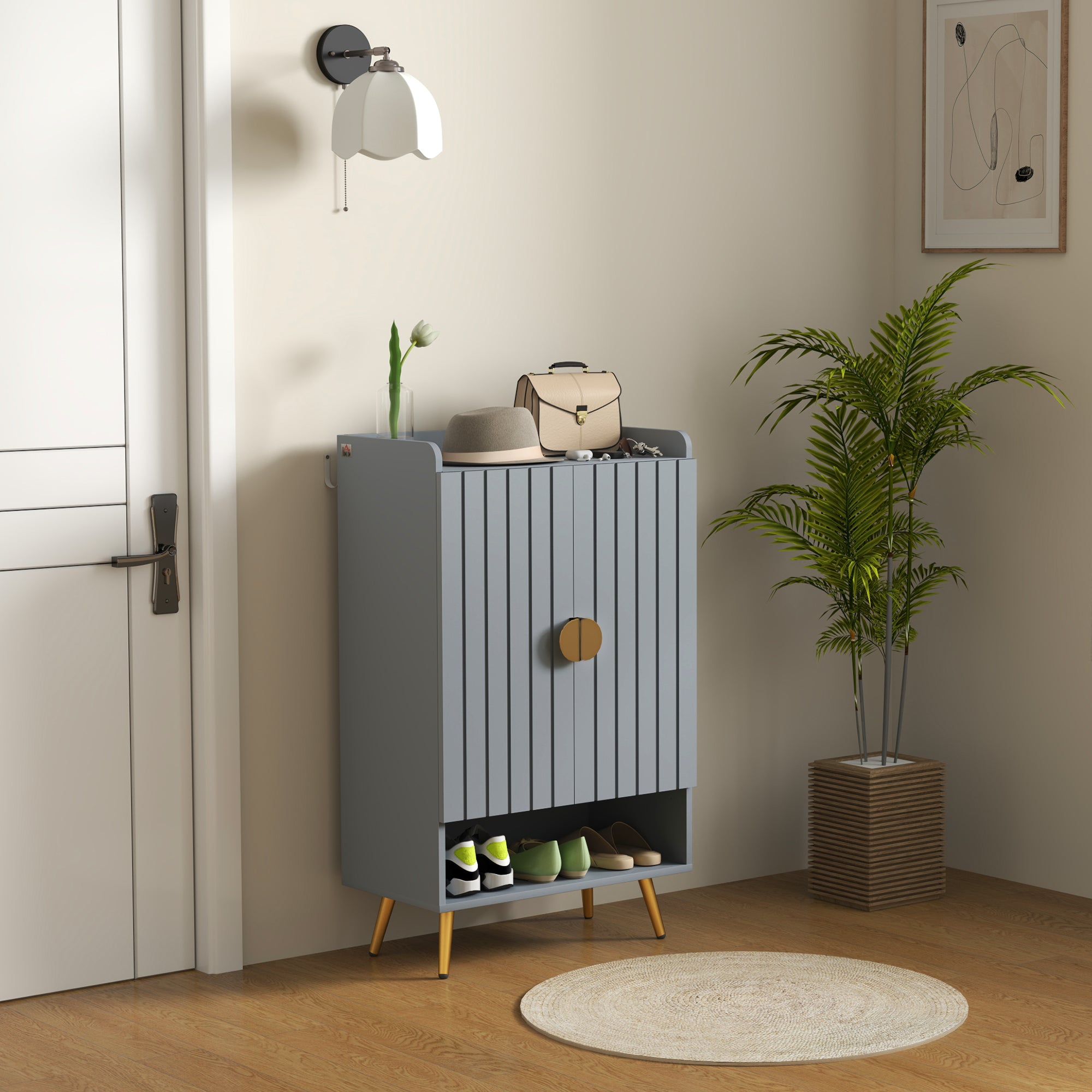 HOMCOM Modern Shoe Cabinet with 2 Doors, Open Shelf and Adjustable Shelves, 15 Pair Hallway Shoe Cupboard, Entryway Storage Unit, Light Grey - North Peak Garden Furniture