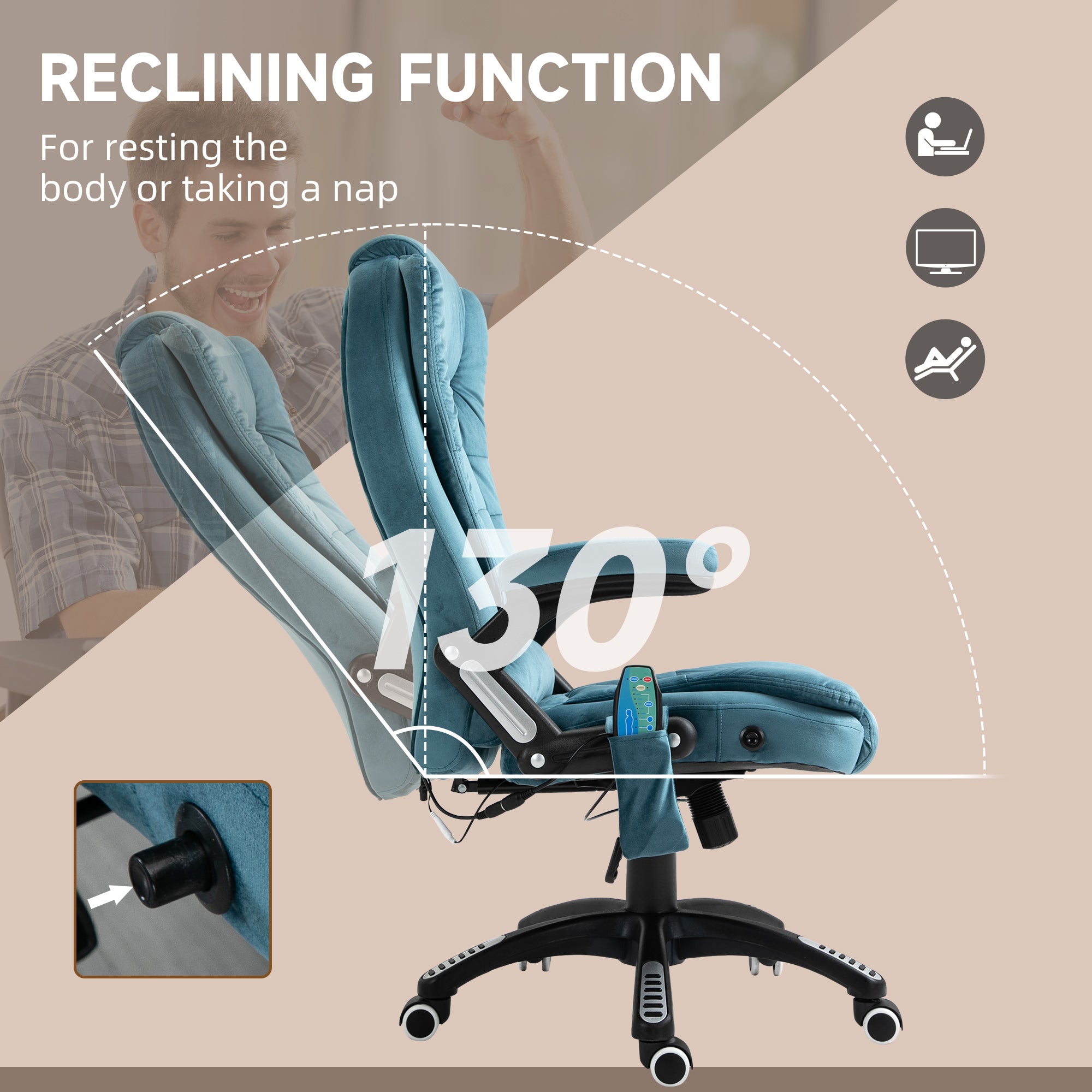 Vinsetto Massage Recliner Chair Heated Office Chair with Six Massage Points Velvet-Feel Fabric 360° Swivel Wheels Blue - North Peak Garden Furniture