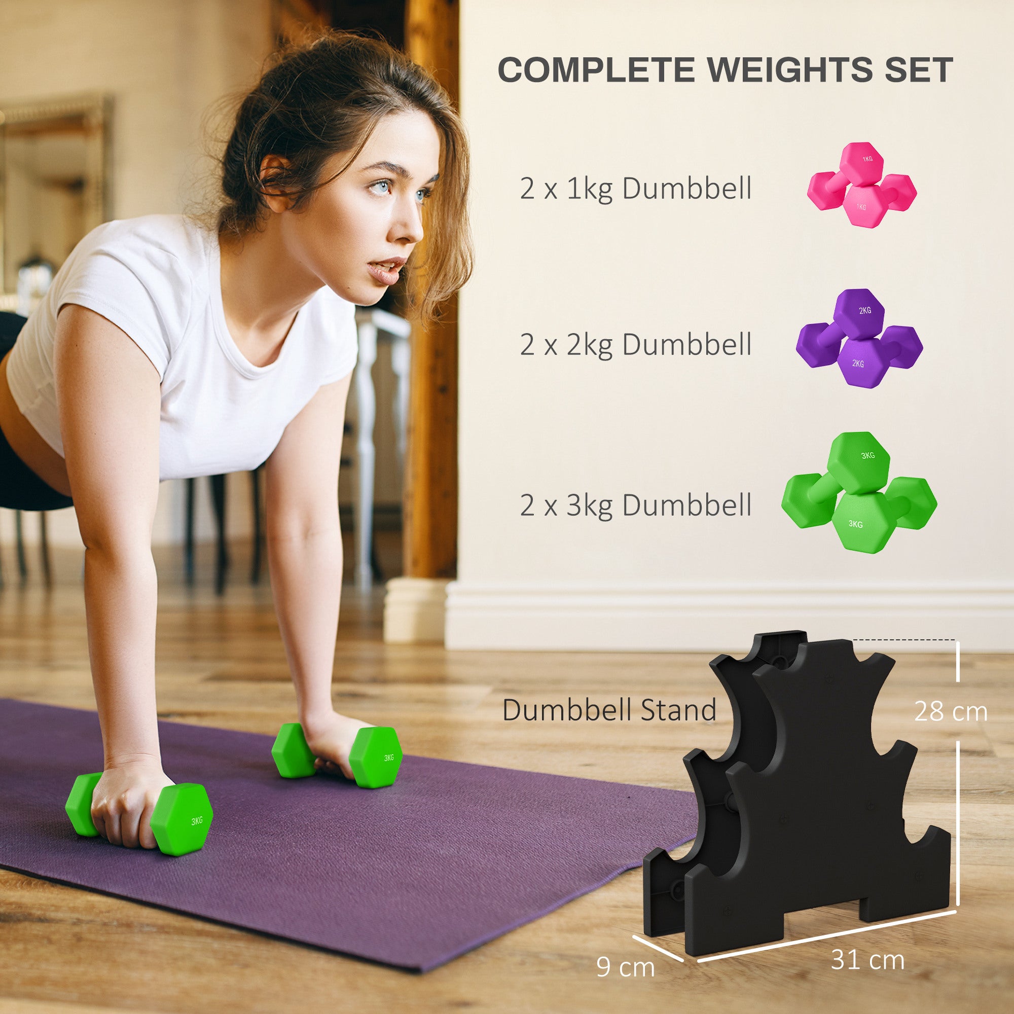 SPORTNOW 2 x 1kg, 2 x 2kg, 2 x 3kg Dumbbells Set with Dumbbell Rack, Hand Weights for Home Gym Training - North Peak Garden Furniture