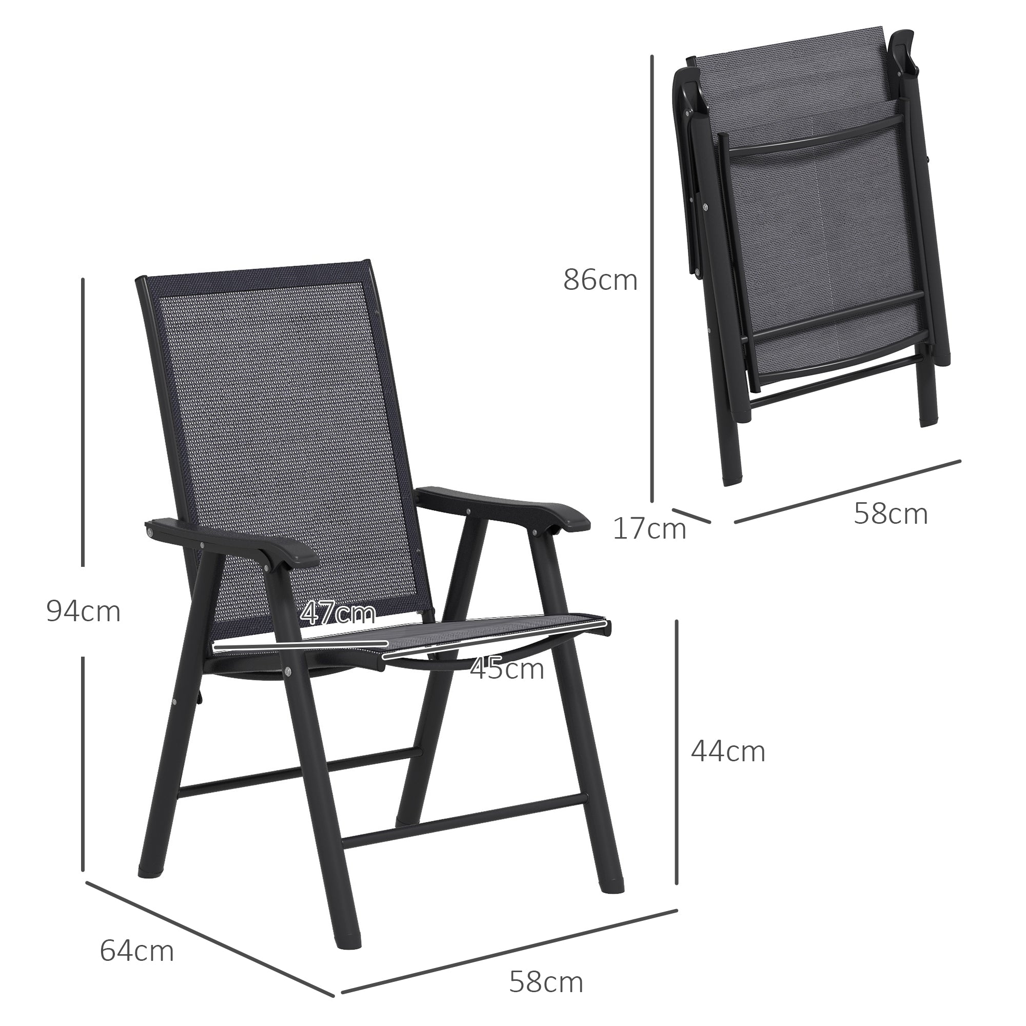 Outsunny Set of 4 Folding Garden Chairs, Metal Frame Garden Chairs Outdoor Patio Park Dining Seat with Breathable Mesh Seat, Dark Grey - North Peak Garden Furniture