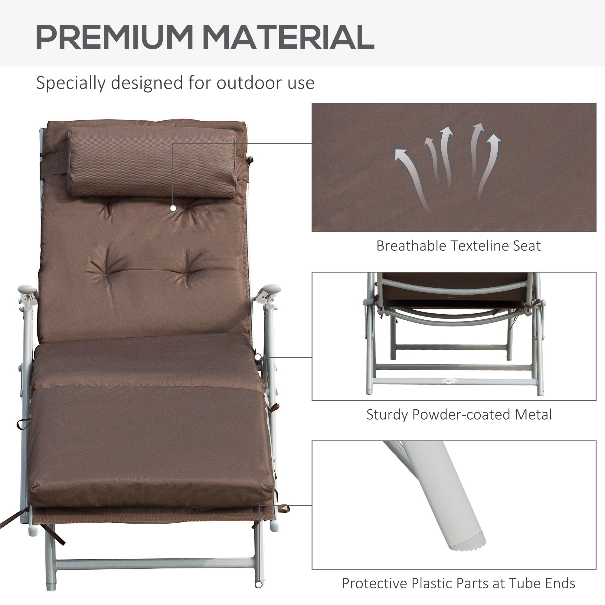 Outsunny Sun Lounger Steel Frame Outdoor Folding Chaise Texteline Lounge Chair Recliner with Headrest & 7 Levels Adjustable Backrest, Brown - North Peak Garden Furniture
