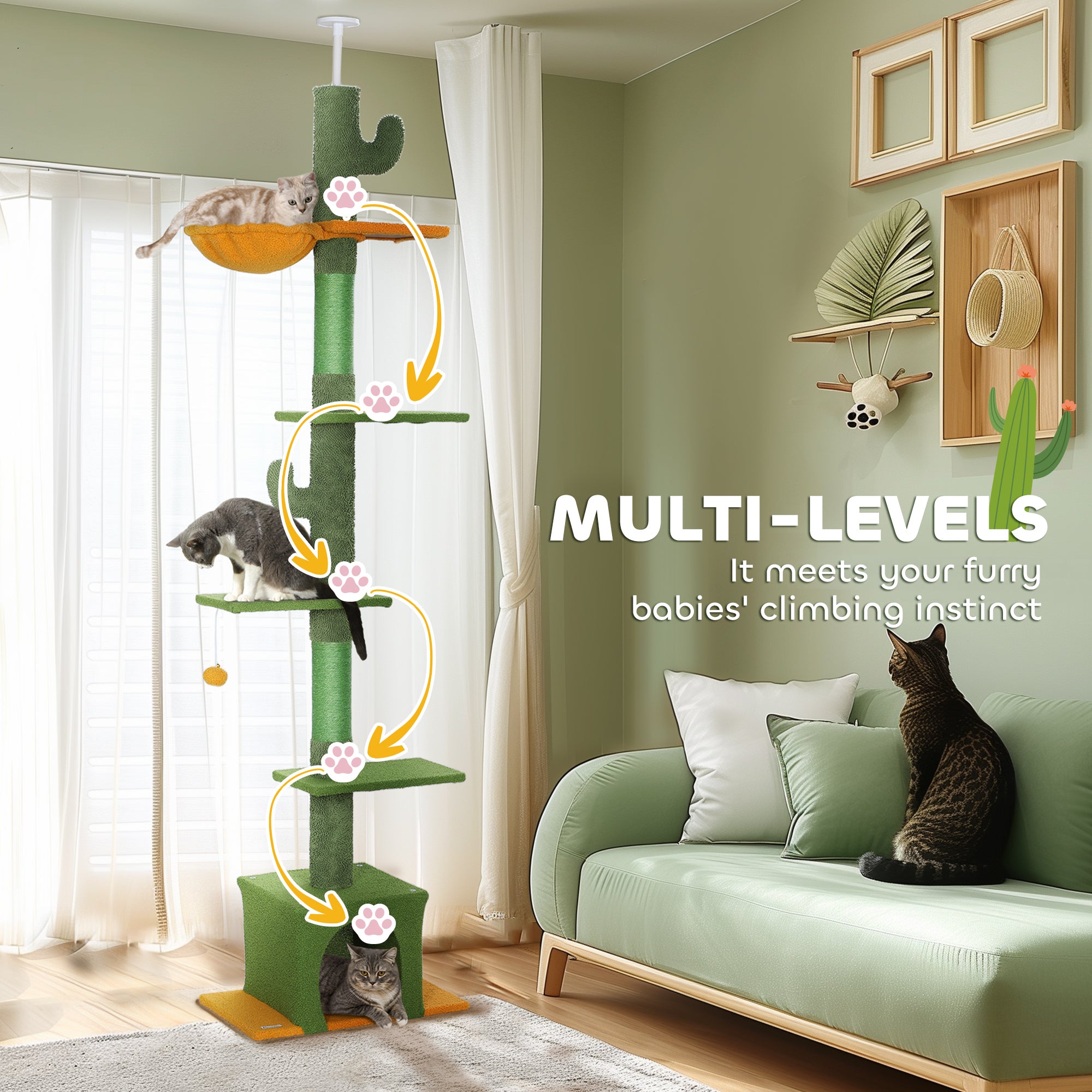 PawHut 230-275cm Floor-to-Ceiling Adjustable Cat Tree with Scratching Posts, Hammock