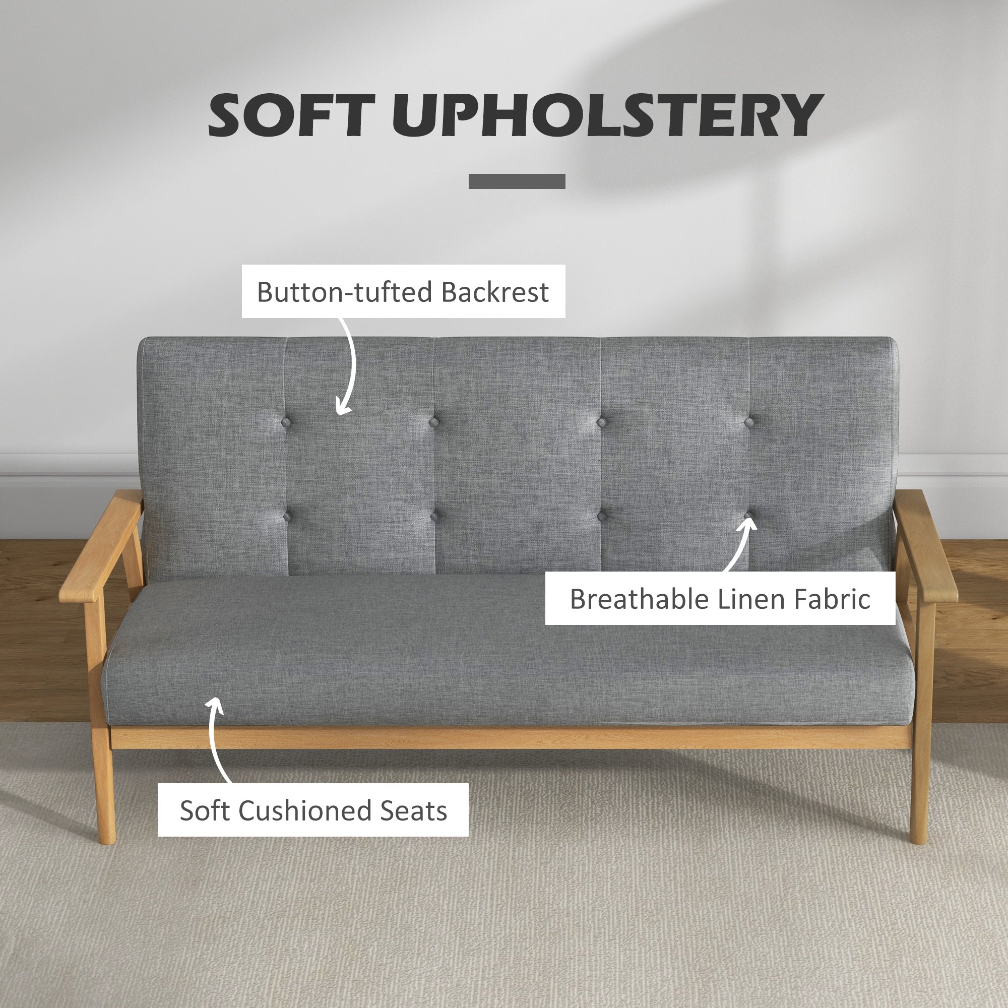 HOMCOM Modern 3 Seater Sofa Linen Fabric Upholstery Tufted Couch with Rubberwood Legs Dark Grey - North Peak Garden Furniture