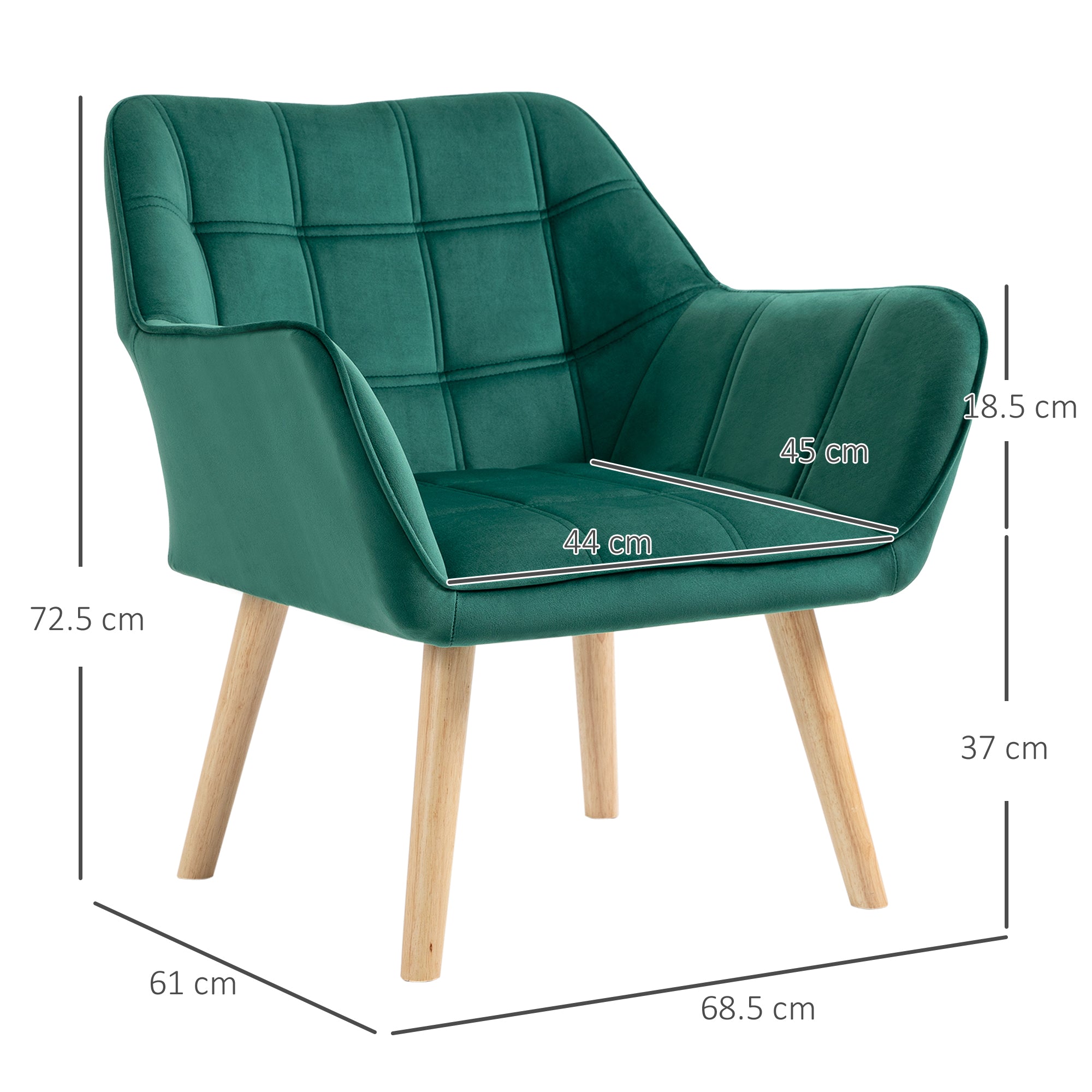 HOMCOM Armchair Accent Chair, Vanity Chair with Wide Arms, Slanted Back, Padding, Metal Frame, Wooden Legs, Home Bedroom Furniture Seating, Set of 2, Green