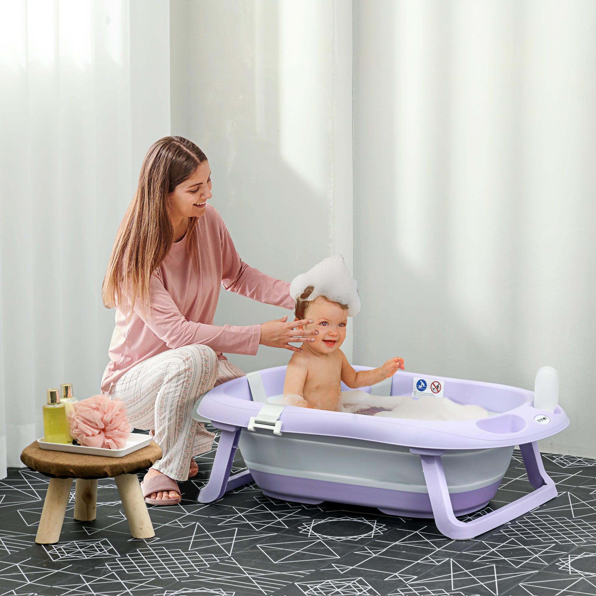 ZONEKIZ Foldable Baby Bathtub, with Non-Slip Support Legs, Cushion Pad, Shower Holder - Purple - North Peak Garden Furniture
