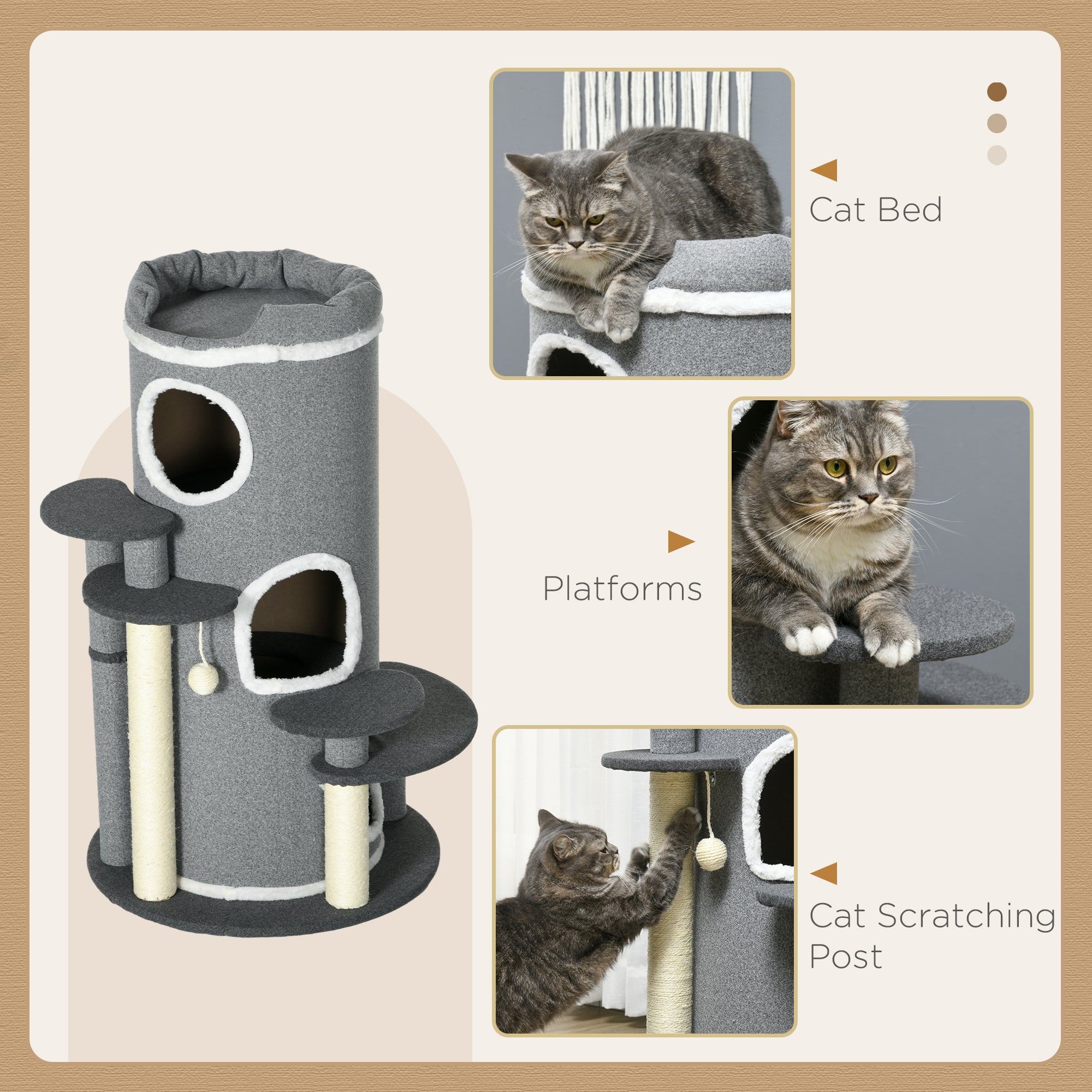 PawHut Barrel Shaped Cat Tree with Sisal Scratching Posts, Cat Bed, Platforms, Hanging Ball, Grey, Grey