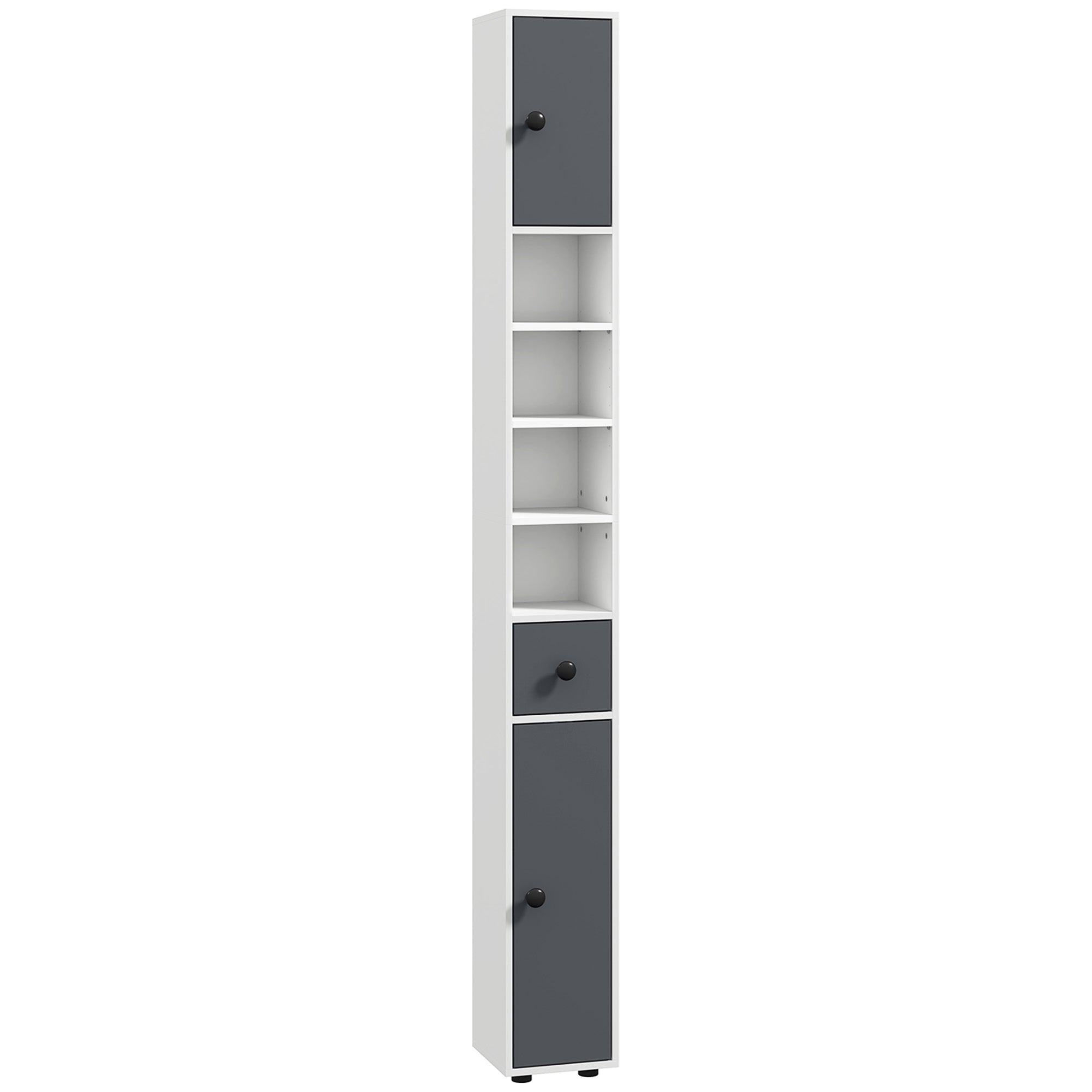 kleankin 180cm Slim Bathroom Cabinet, with Drawer, Shelves and Cupboards - Grey - North Peak Garden Furniture
