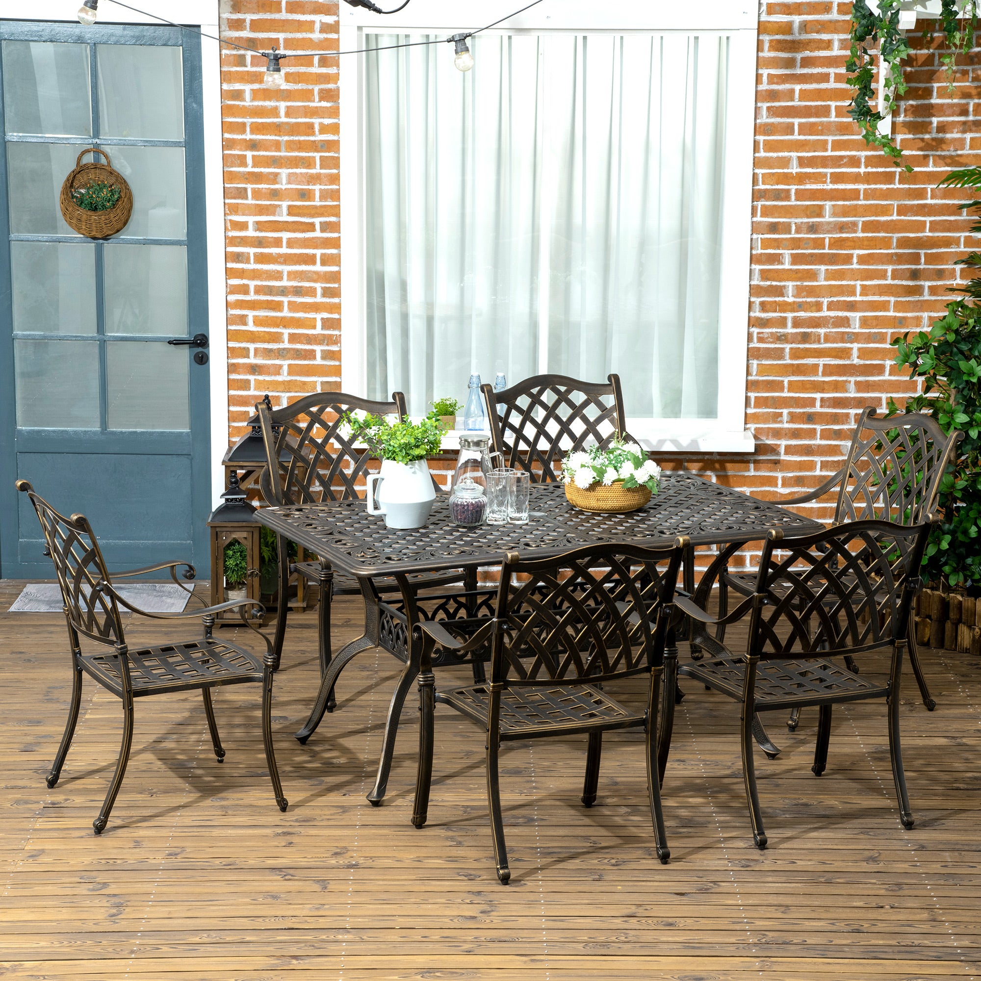 Outsunny 7 PCs Garden Patio Dining Set with Parasol Hole, Cast Aluminium Outdoor Furniture Set with Six Cushioned Chairs and Rectangle Dining Table, for Garden, Lawn, Deck, Bronze Tone - North Peak Garden Furniture