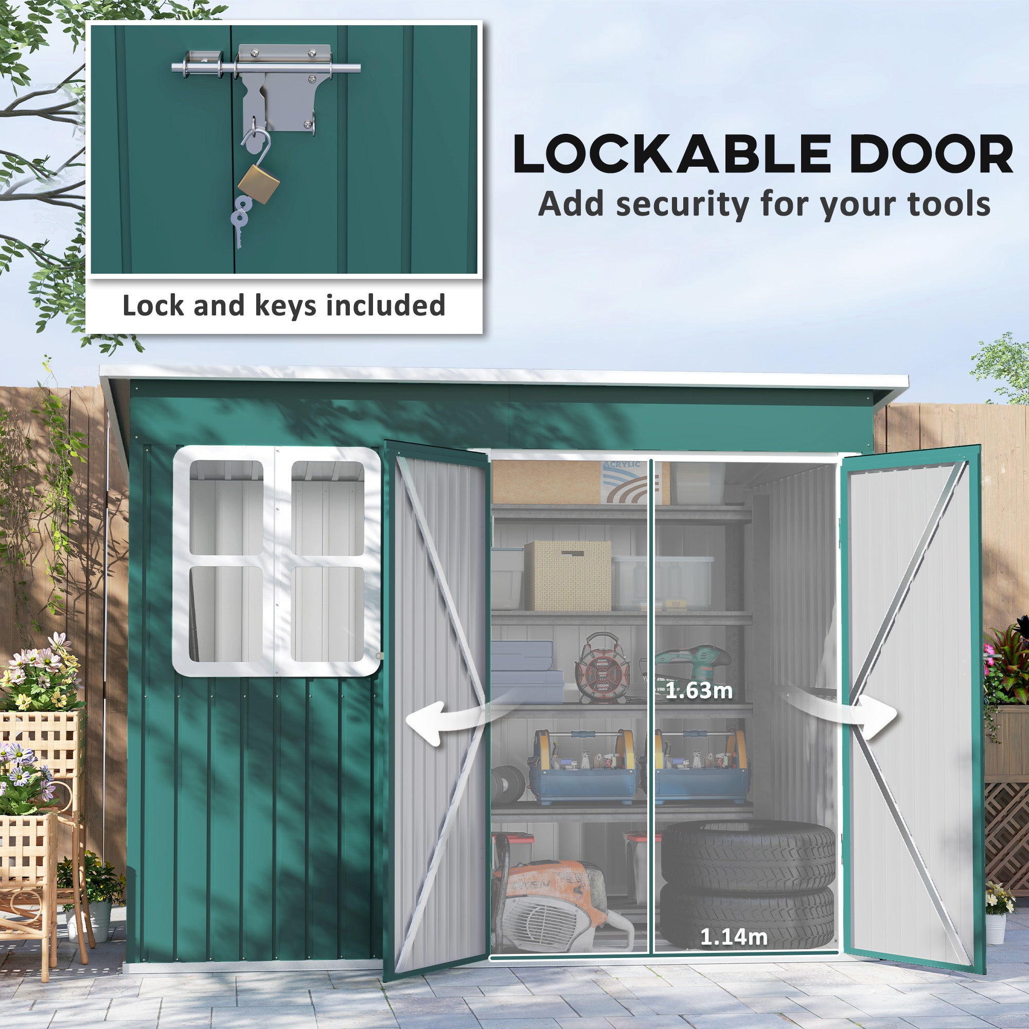Outsunny 8.5 x 6ft Storage Shed Galvanised Steel Garden Shed, Metal Shed with Foundation Kit, Window, Lockable Wide Doors and Air Vents for Outdoor Patio, Green - North Peak Garden Furniture
