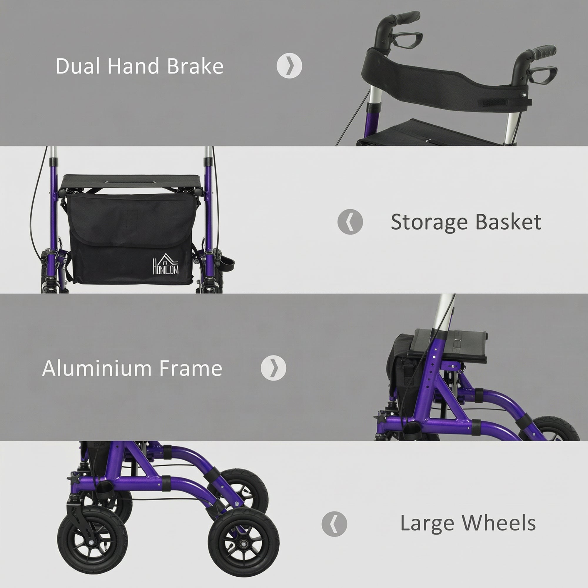 HOMCOM Folding Rollator Walker with Seat, Backrest, Lightweight Walking Frame with Storage Bag, Dual Brakes, All-terrain Wheels, Adjustable Handle Height, 4 Wheeled Walker for Seniors, Purple