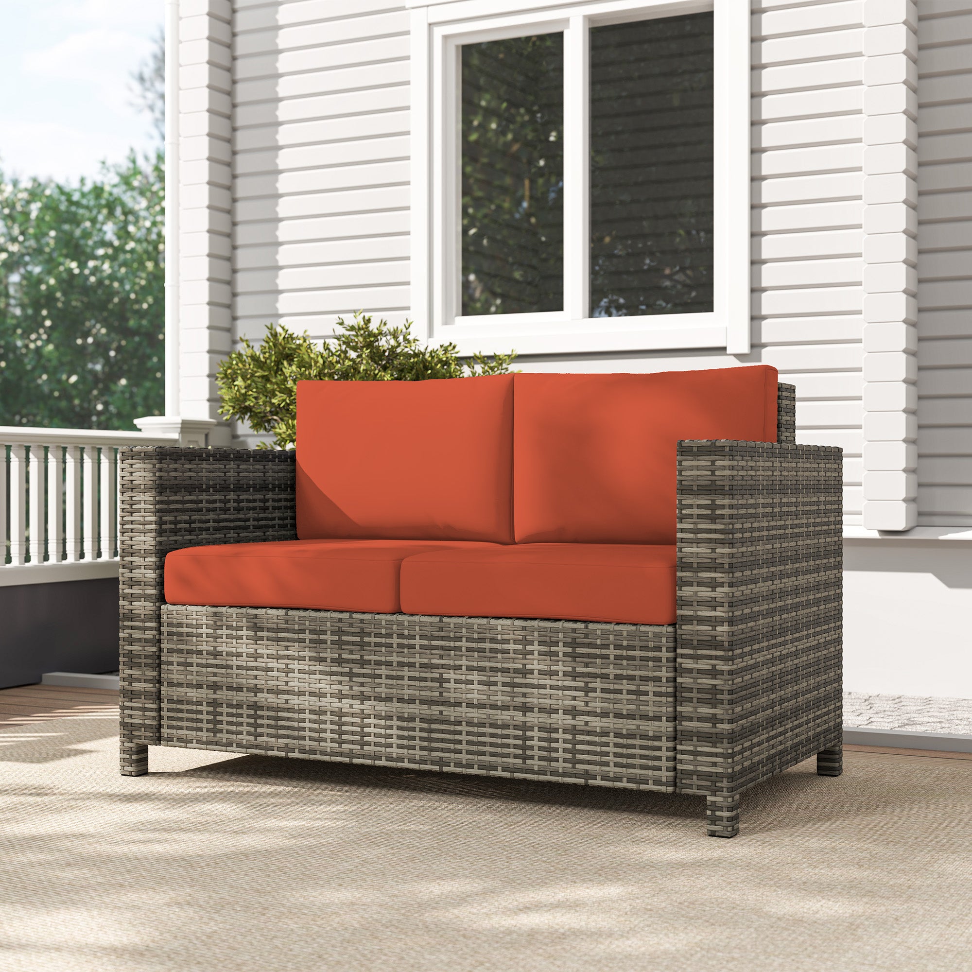 Outsunny 2 Seater Garden Furniture, Rattan Sofa with Soft Padded Cushion and Armrests, Wicker Garden Loveseat for Patio, Grey - North Peak Garden Furniture