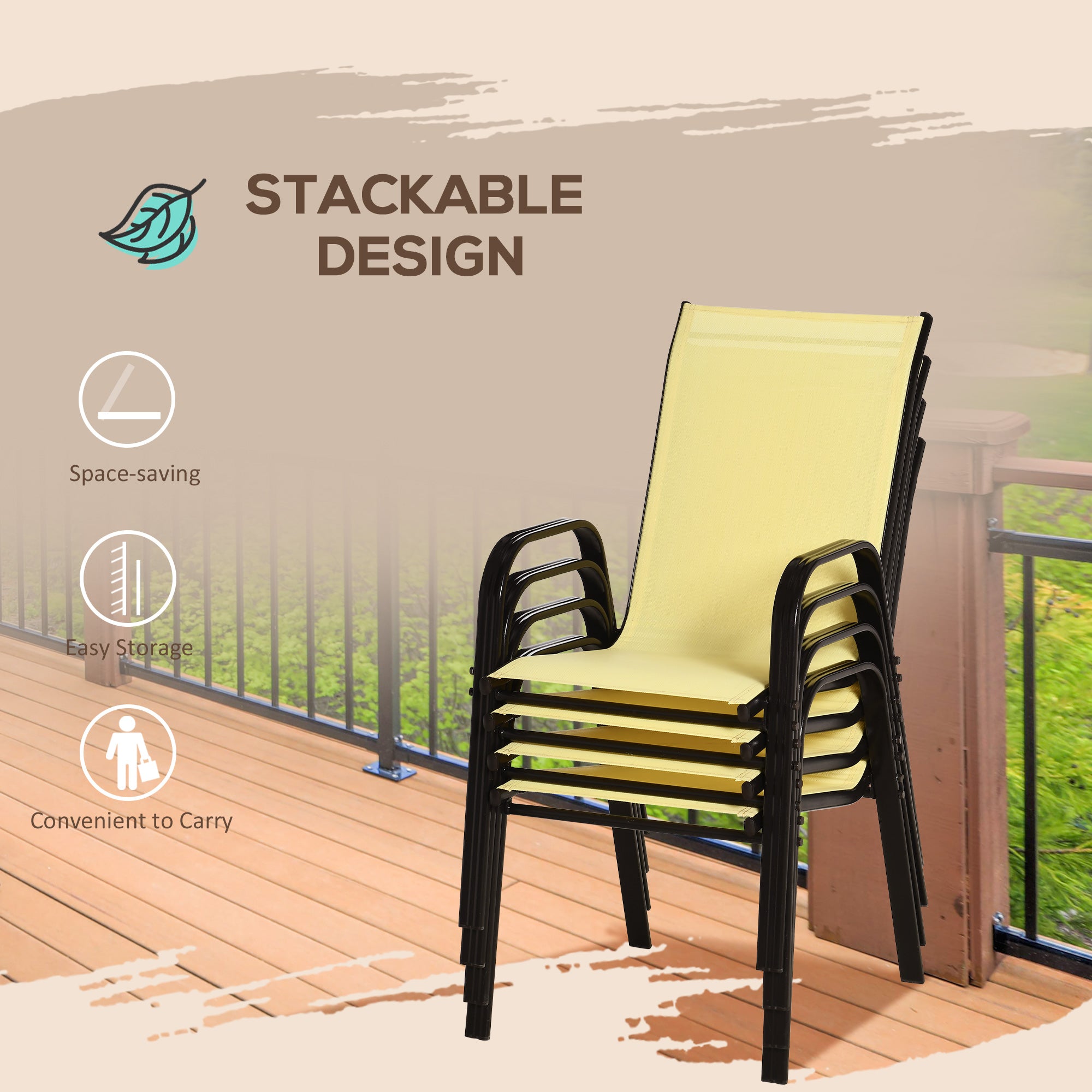 Outsunny 4 Pieces Garden Chairs, Stackable Outdoor Chairs with High Backrest and Armrest, Breathable Mesh Fabric Dining Chair Set of 4, Beige - North Peak Garden Furniture