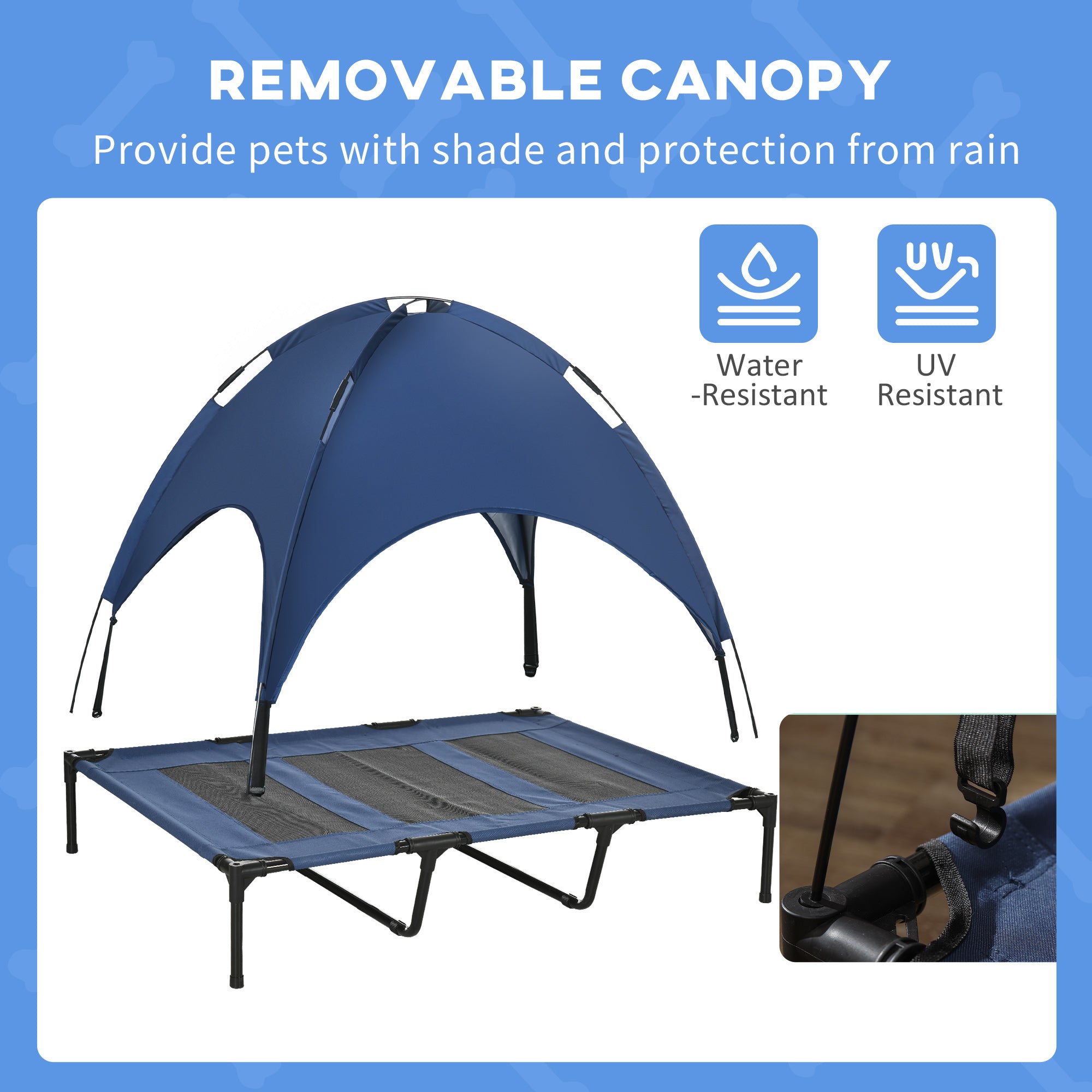 PawHut Raised Dog Bed Waterproof Elevated Pet Cot with Breathable Mesh UV Protection Canopy Blue, for XL Dogs, 122 x 92 x 108cm - North Peak Garden Furniture