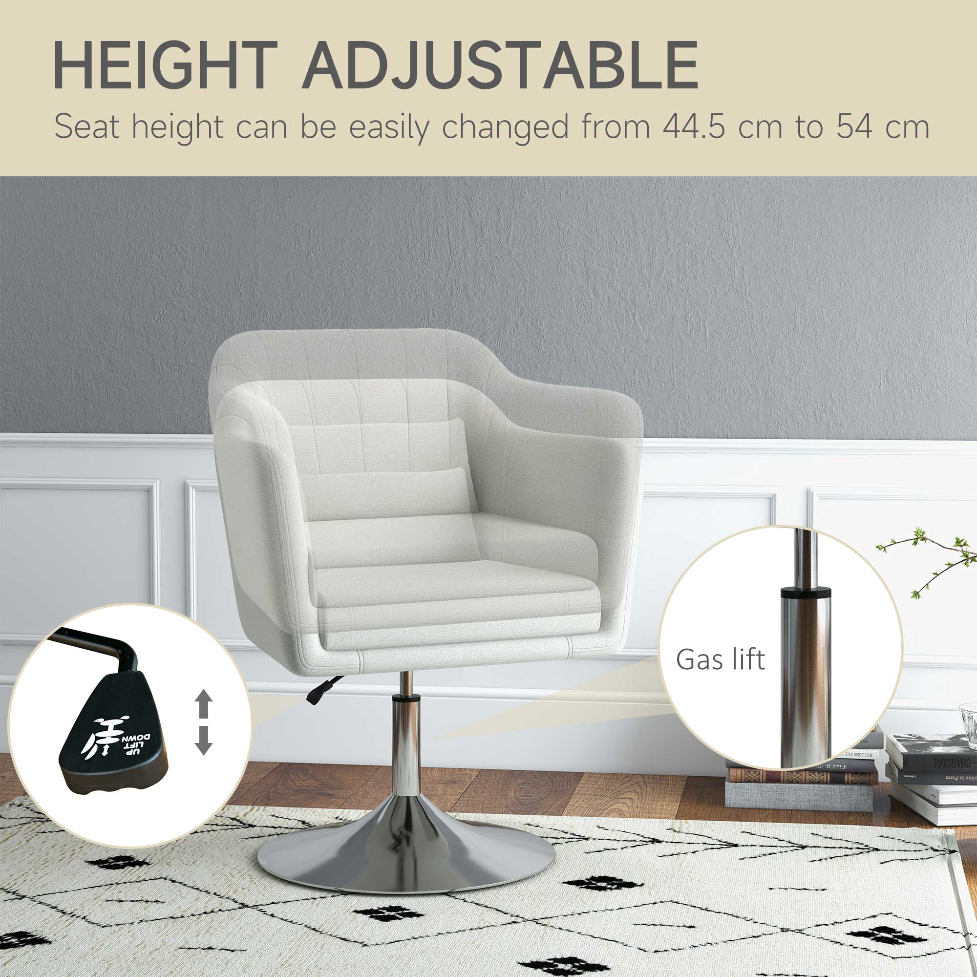 HOMCOM Modern Accent Chair with Swivel Base, Height Adjustable Arm Chair with Pillow for Living Room, Bedroom, Cream White - North Peak Garden Furniture
