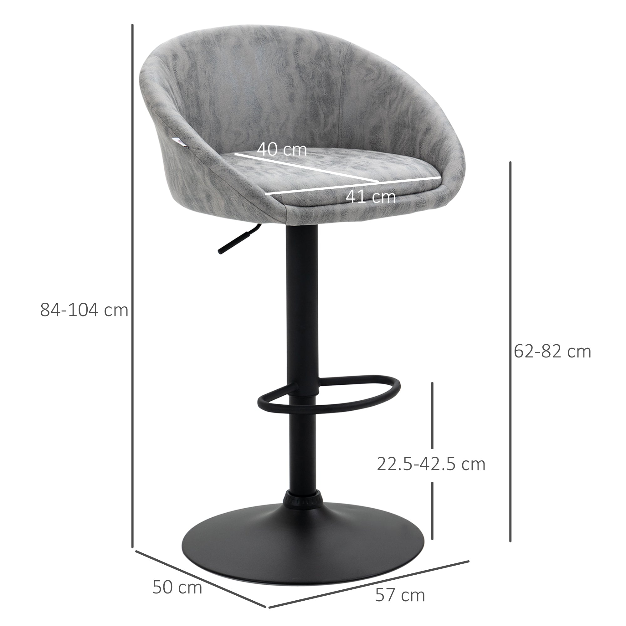 HOMCOM Modern Bar Stools Set of 2, Height Adjustable Swivel Barstools, PU Leather Upholstered Bar Chair with Backrest, Armrests and Footrest for Breakfast Bar, Counter, Kitchen, Light Grey - North Peak Garden Furniture