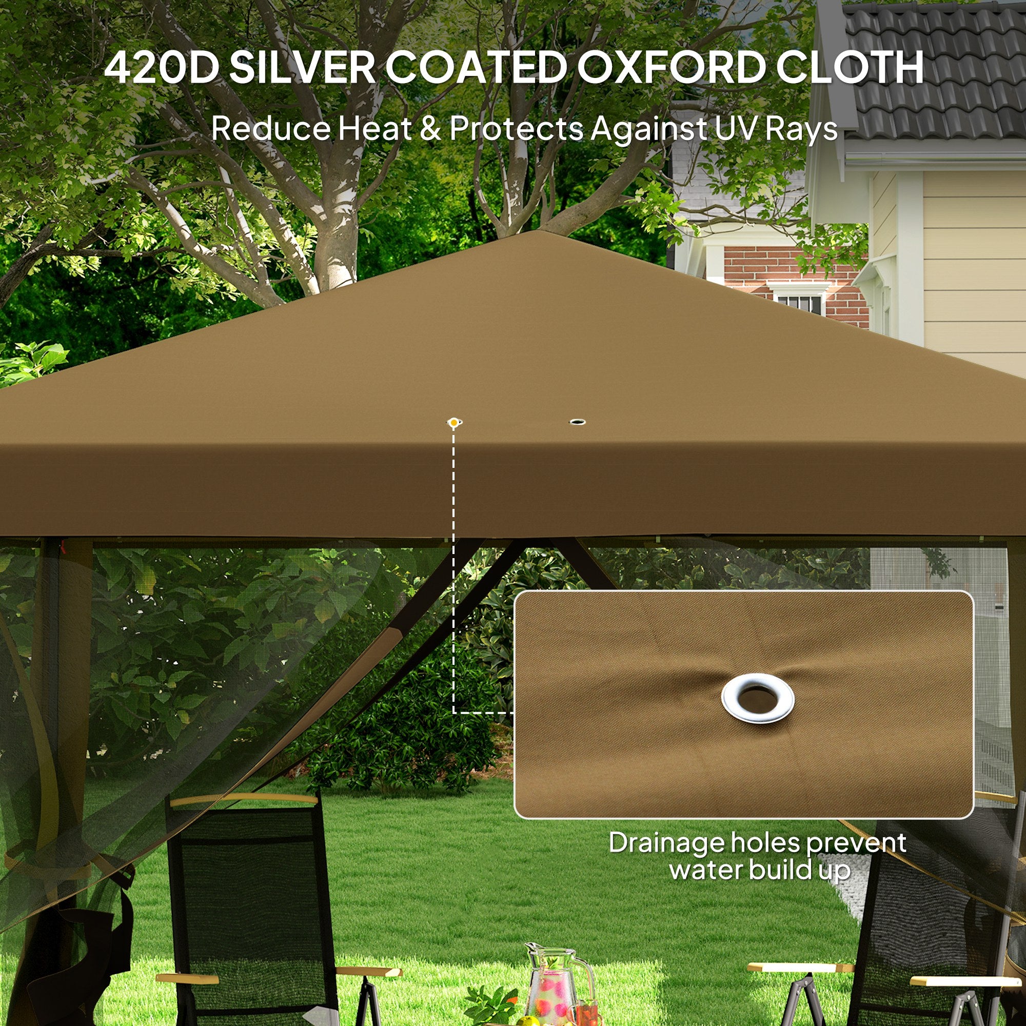 Outsunny 3 x 3 m Pop Up Gazebo, 420D Garden Tent Canopy with Removable Mesh Sidewall Netting, Carry Bag for Garden Patio Outdoor, Khaki - North Peak Garden Furniture