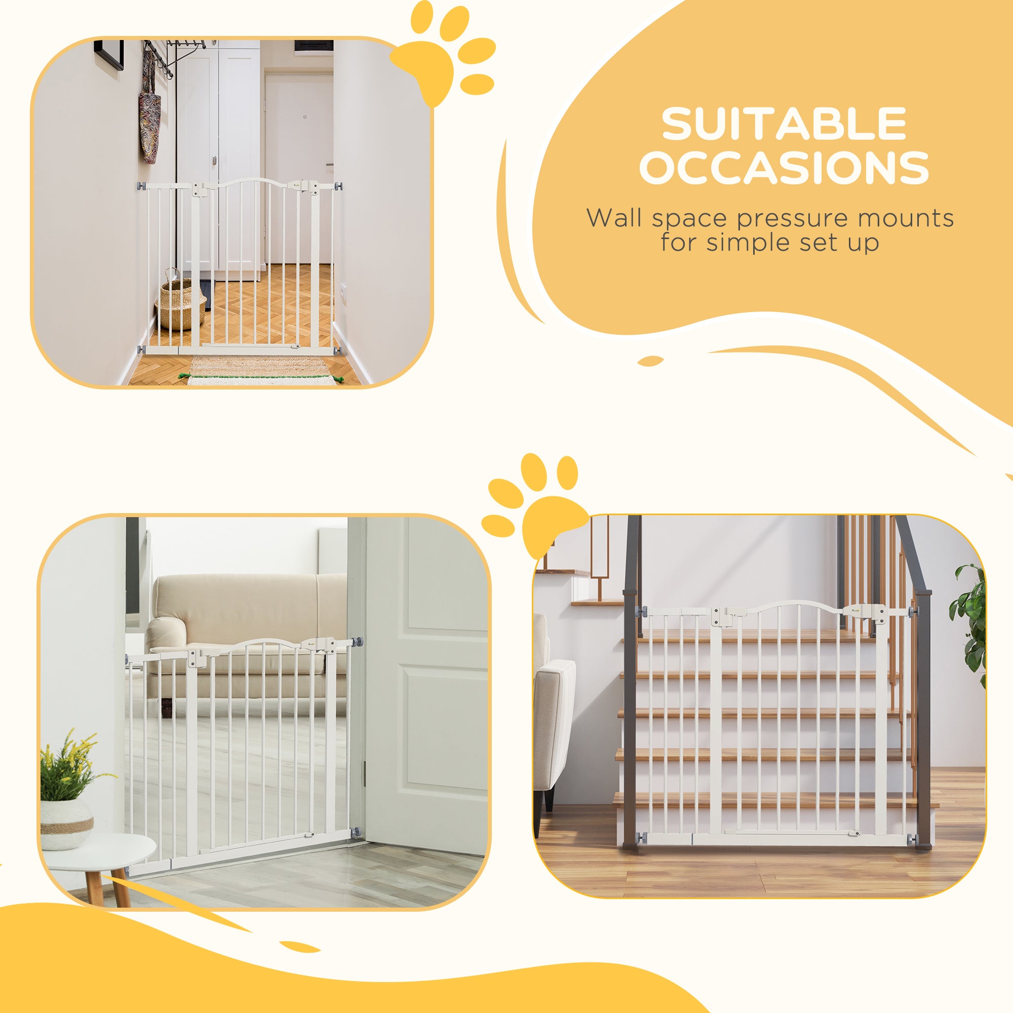 PawHut Metal 74-94cm Adjustable Pet Gate Safety Barrier w/ Auto-Close Door White - North Peak Garden Furniture