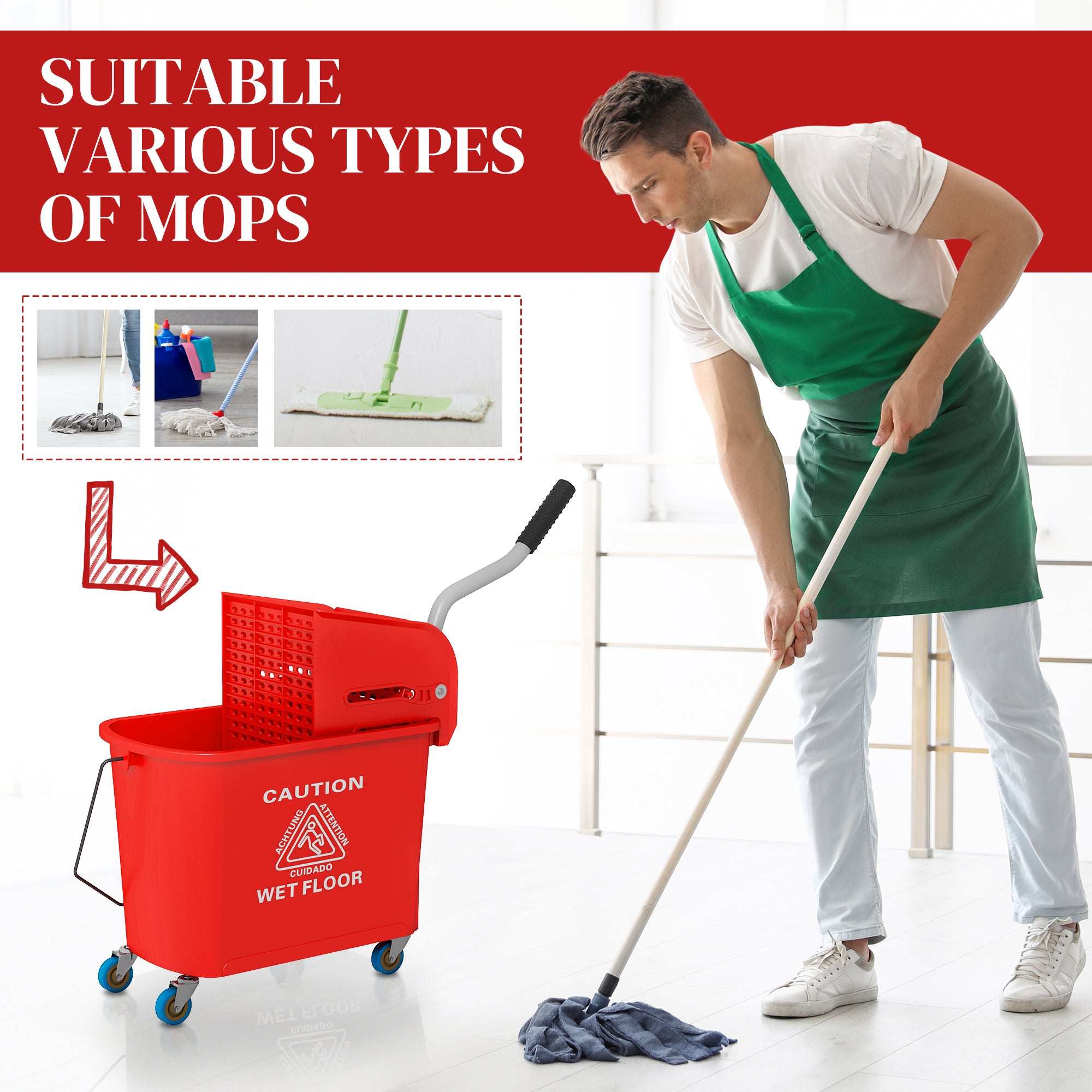 HOMCOM 20L Mop Bucket on Wheels, with Water Separation Panel - Red - North Peak Garden Furniture
