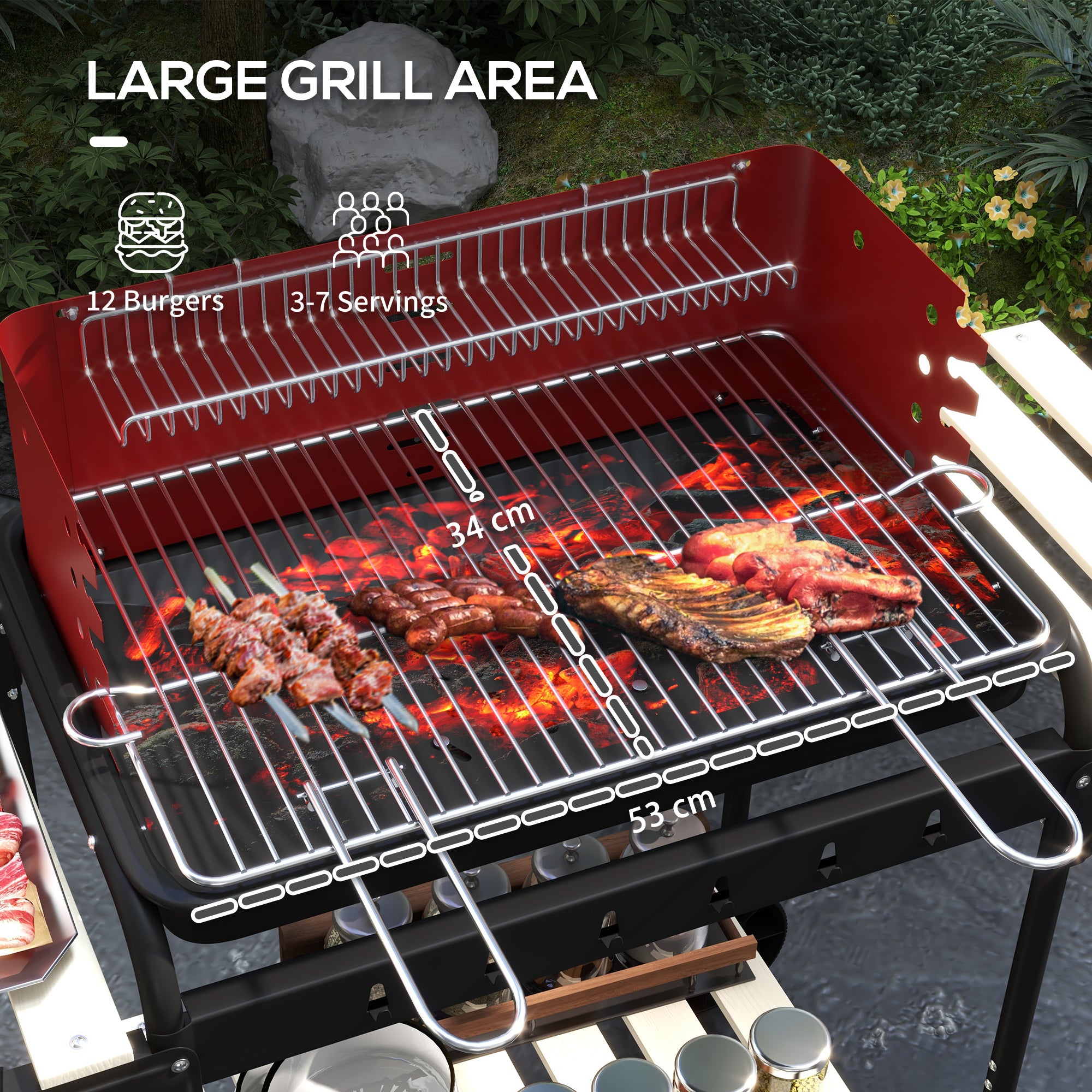 Outsunny Charcoal BBQ, with Five Position Grill Grate - Red - North Peak Garden Furniture