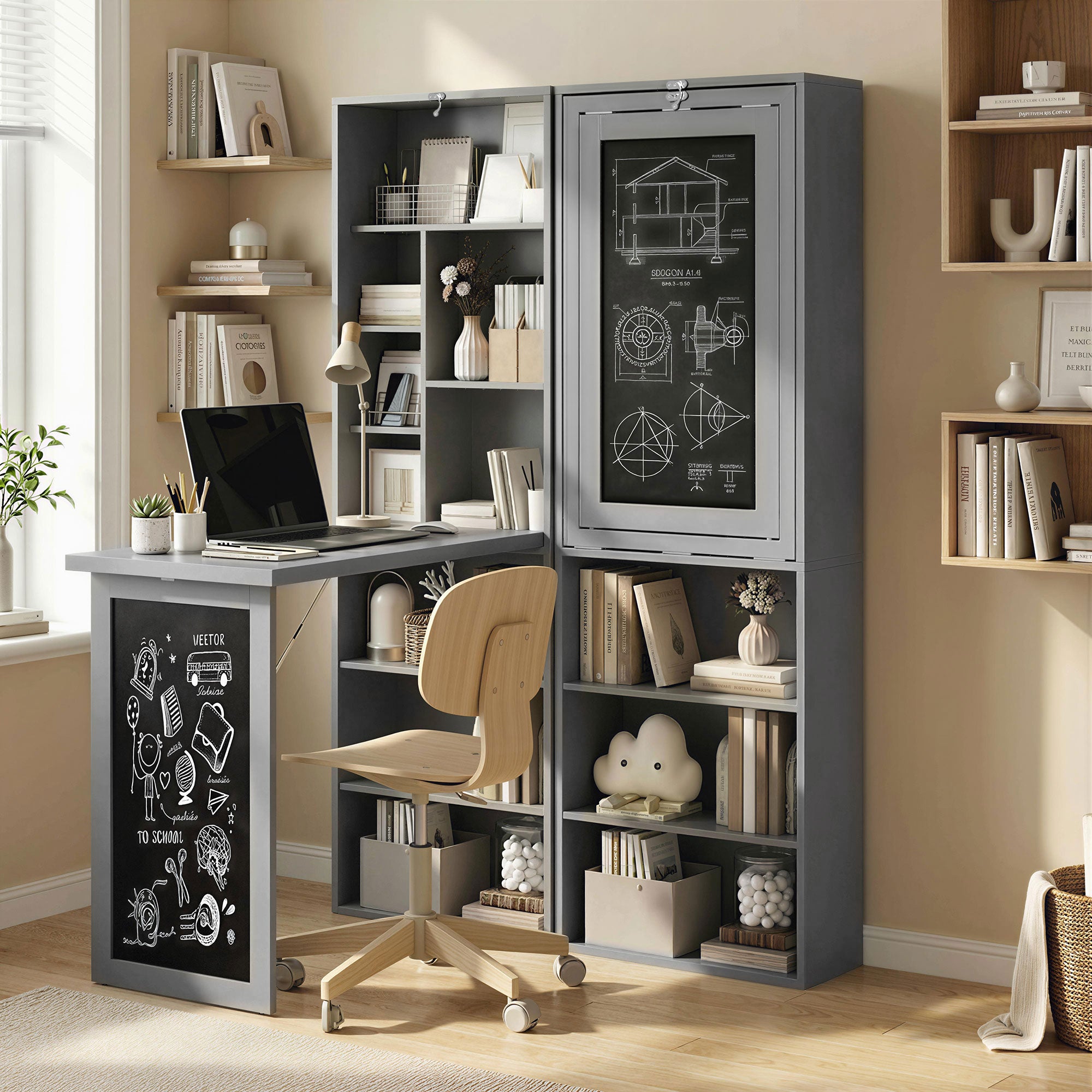 HOMCOM Folding Convertible Desk with Blackboard Multi-function Computer Office Workstation Side Shelf for Home Office, Grey