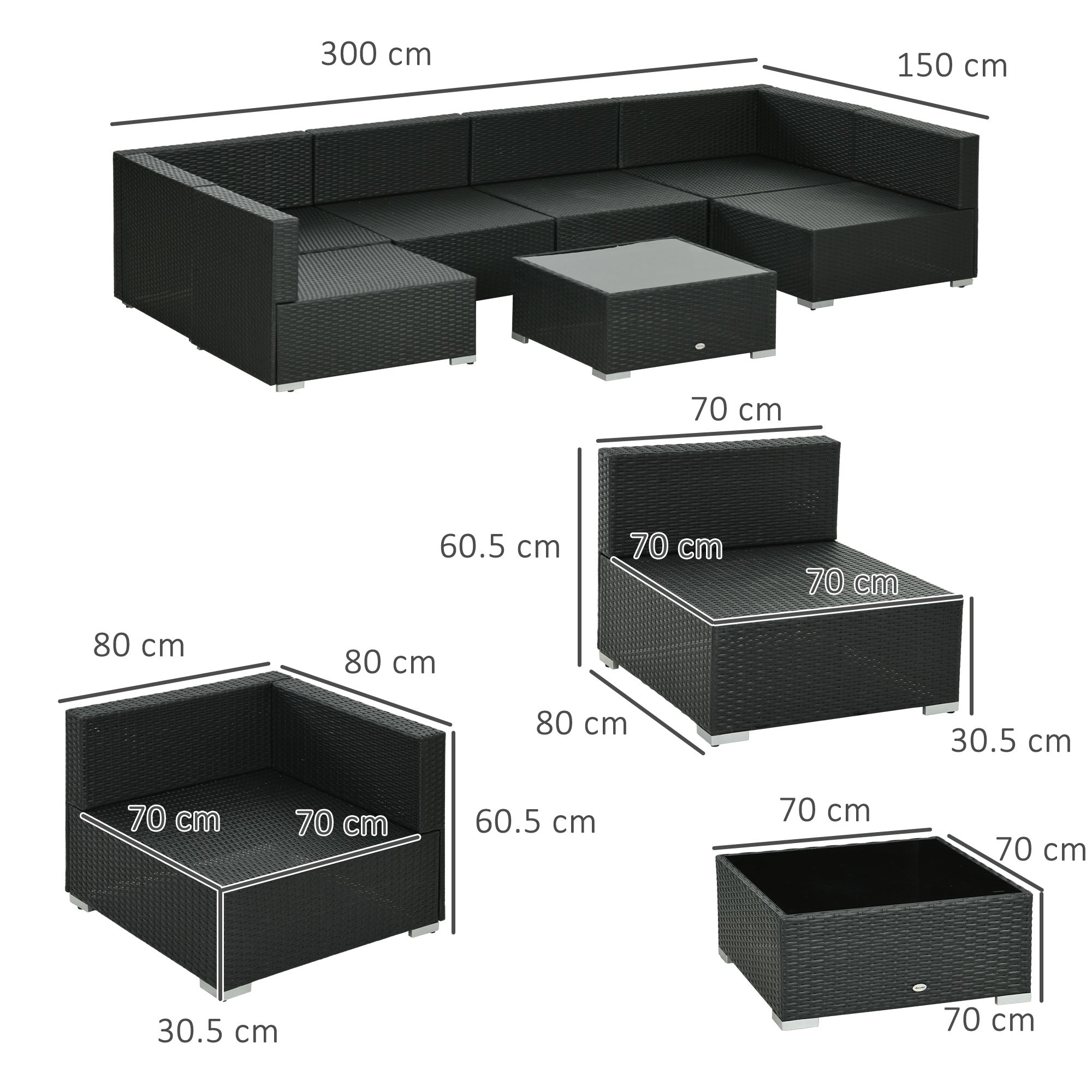 Outsunny Seven-Piece Rattan Garden Set, with Glass-Top Table - Black/Beige - North Peak Garden Furniture