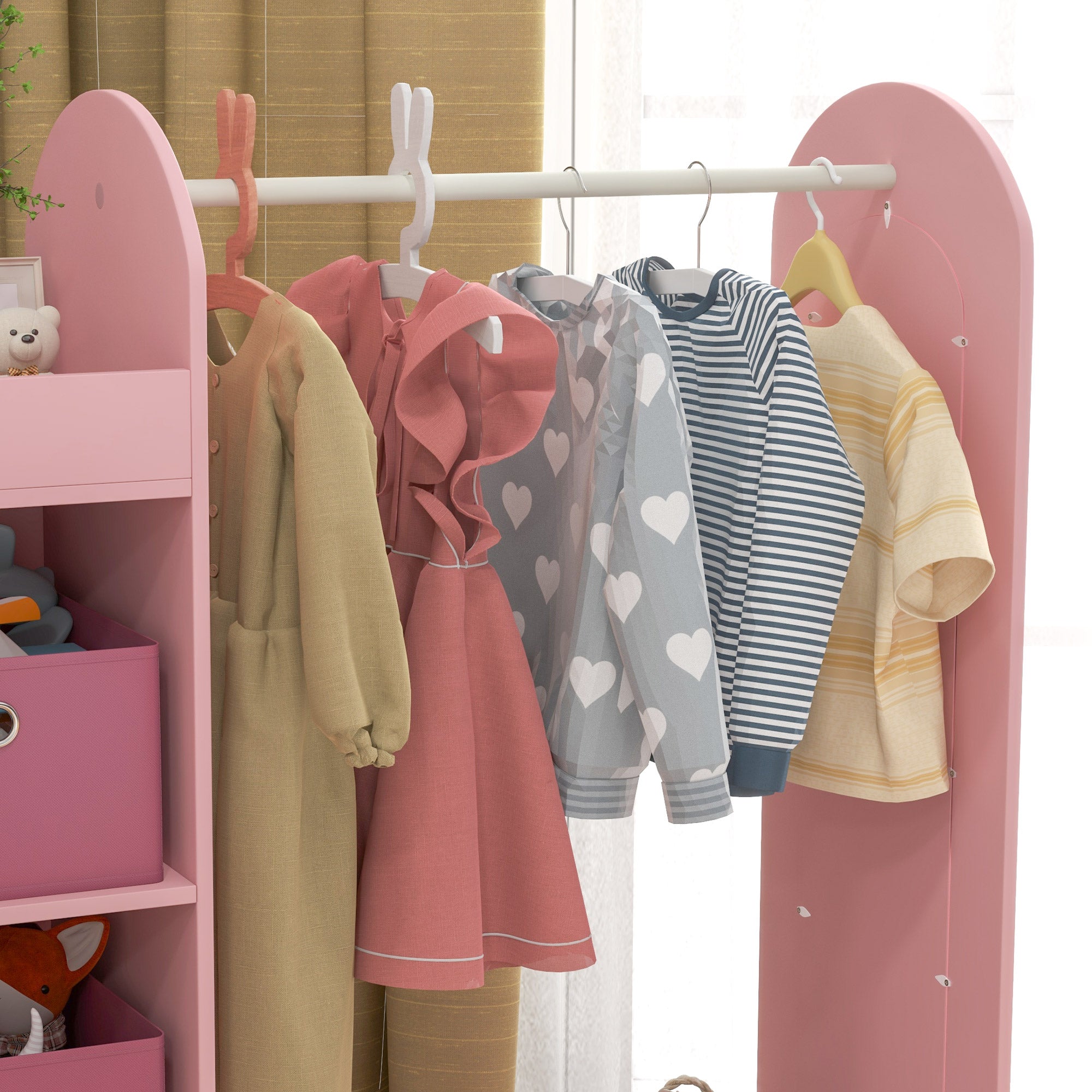 AIYAPLAY Kids Clothes Rail with Storage Shelf, Boxes, Mirror for Bedroom, Nursery, Pink - North Peak Garden Furniture