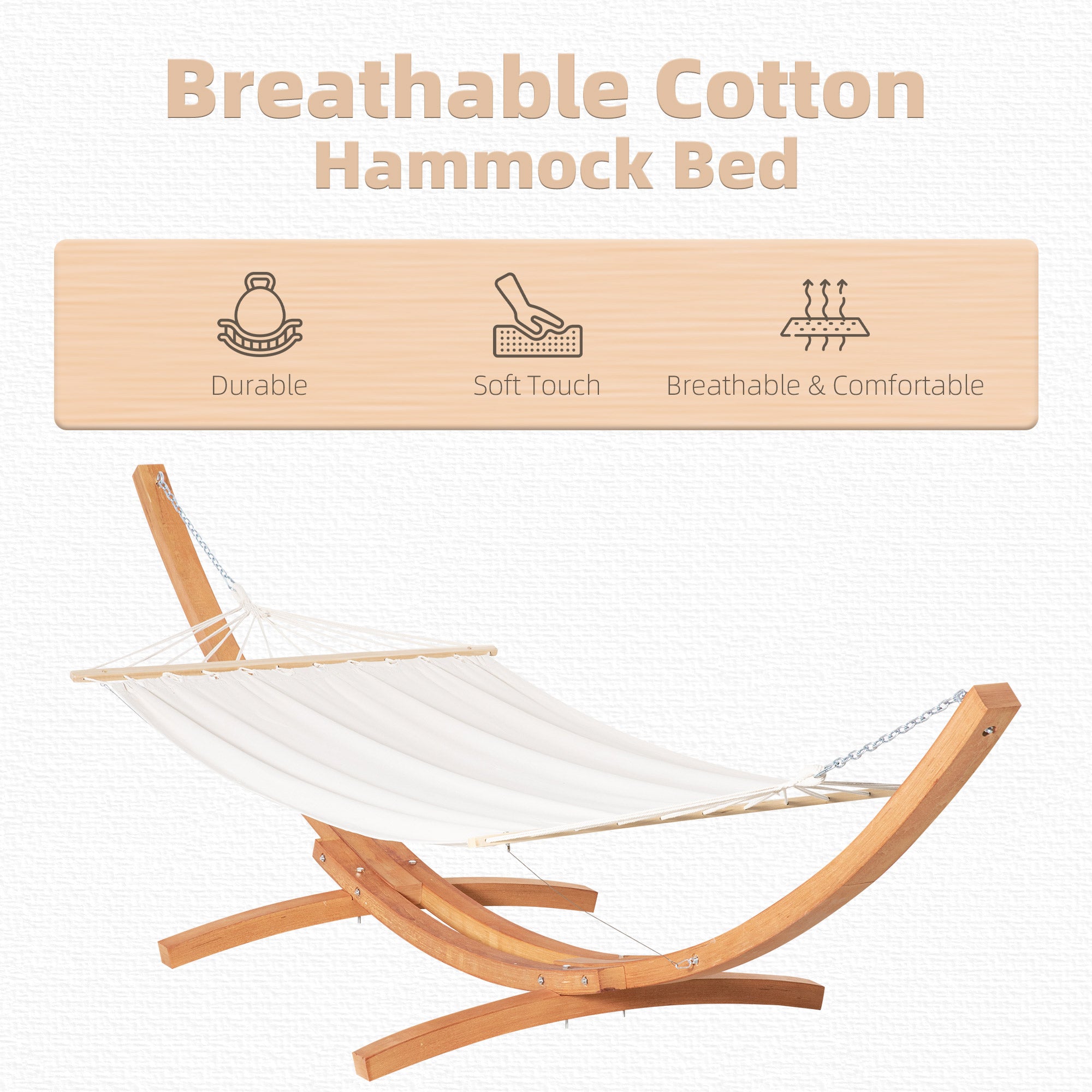 Outsunny Outdoor Garden Hammock with Wooden Stand Swing Hanging Bed for Patio White - North Peak Garden Furniture